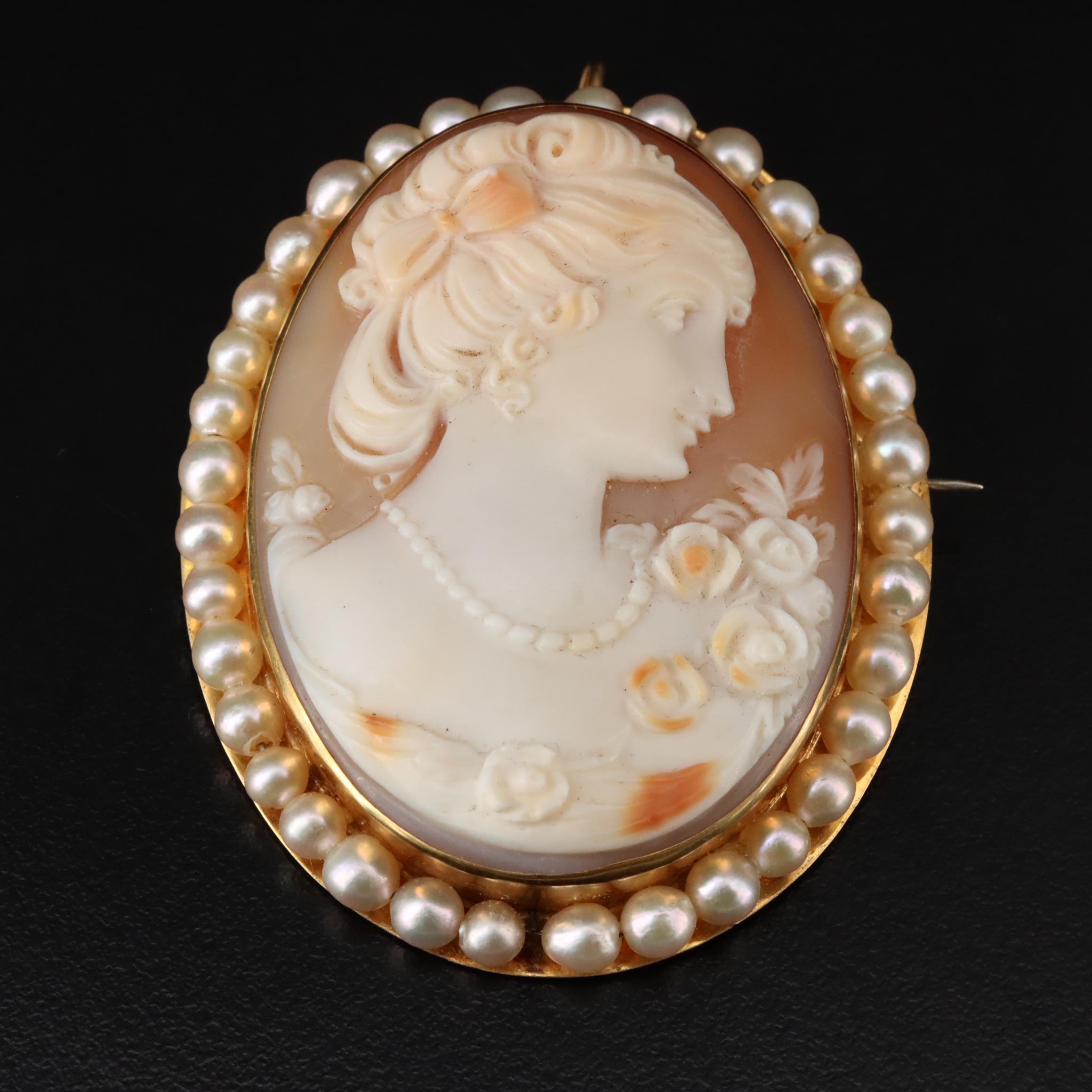 Vintage Shell Cameo and Pearl Brooch Pendant