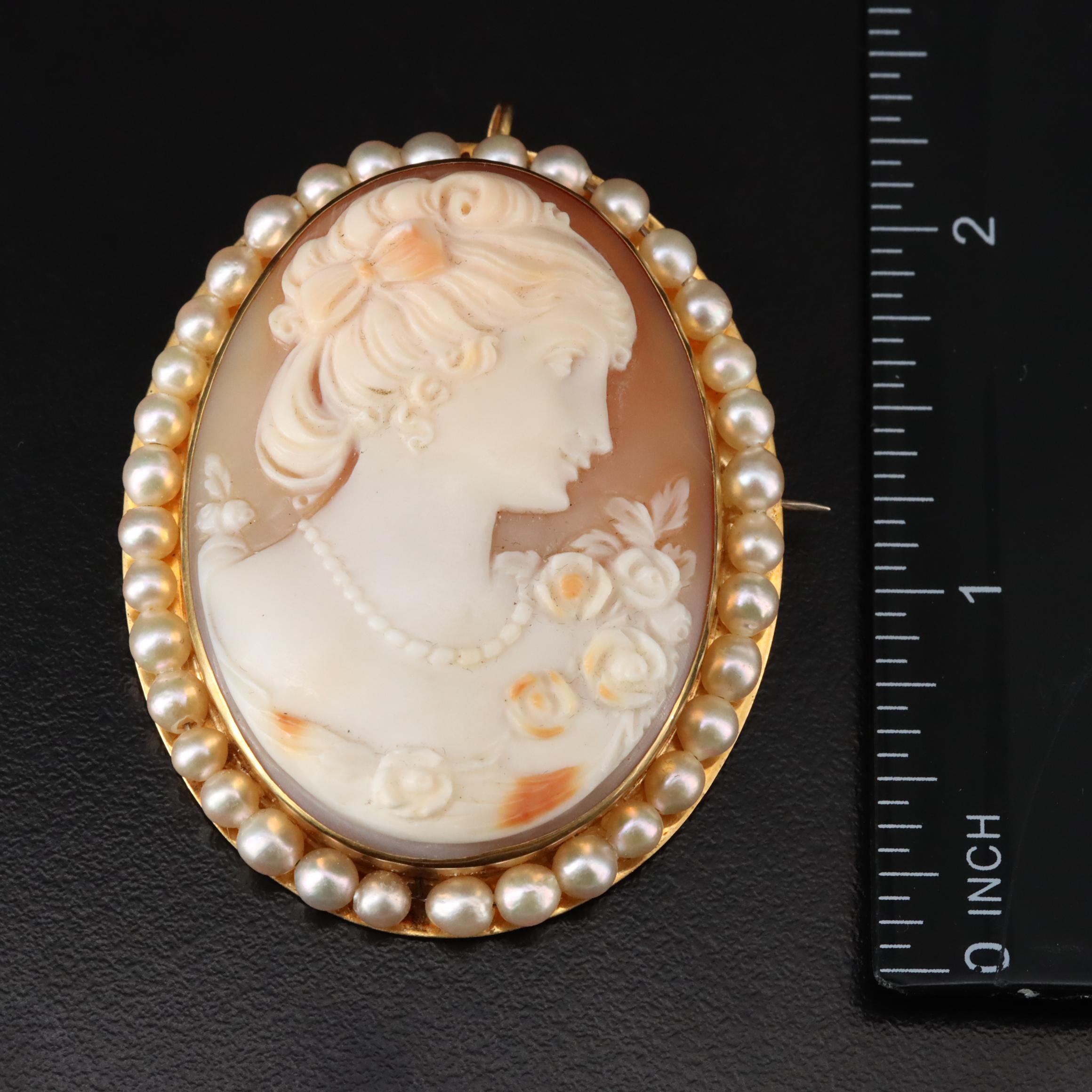 Vintage Shell Cameo and Pearl Brooch Pendant