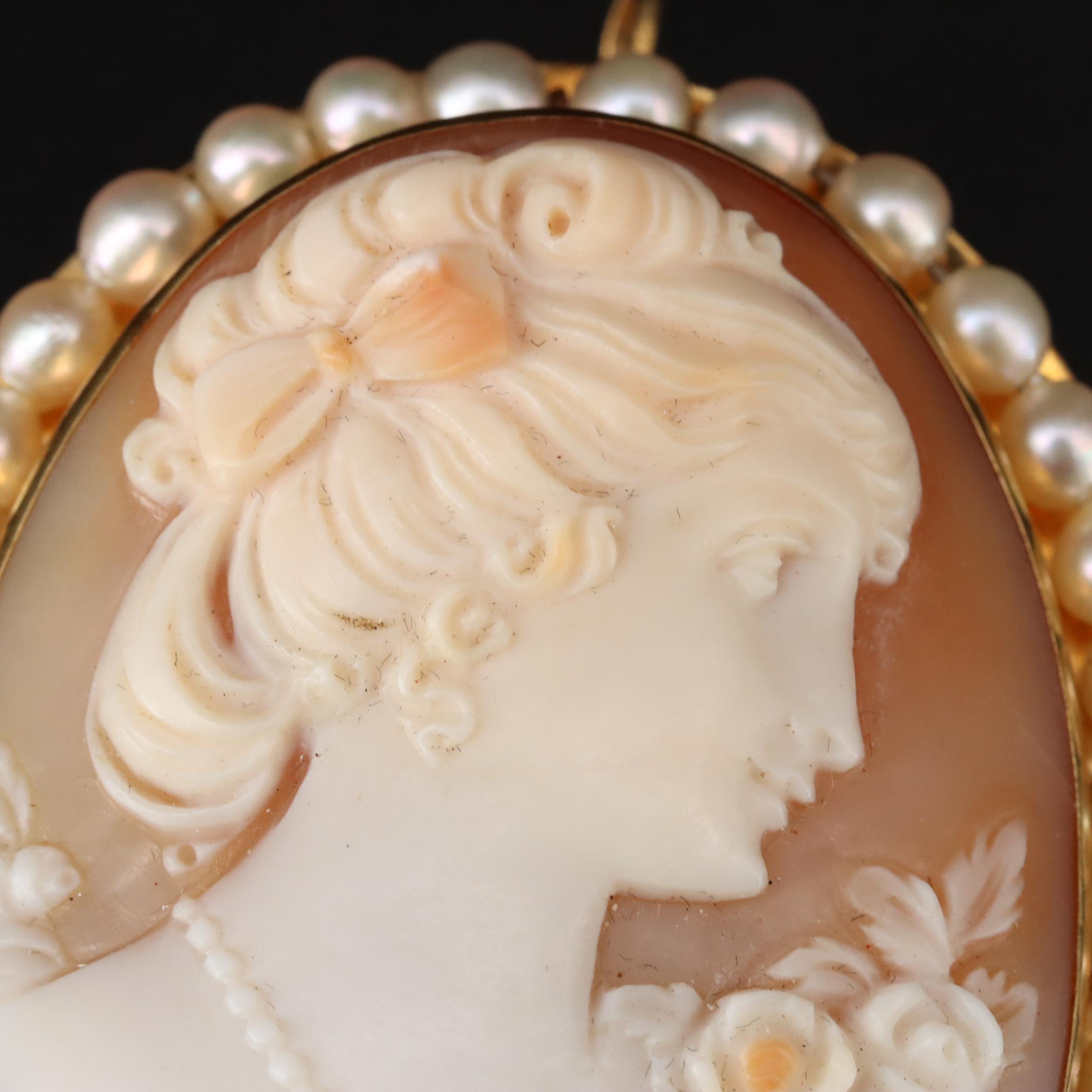 Vintage Shell Cameo and Pearl Brooch Pendant