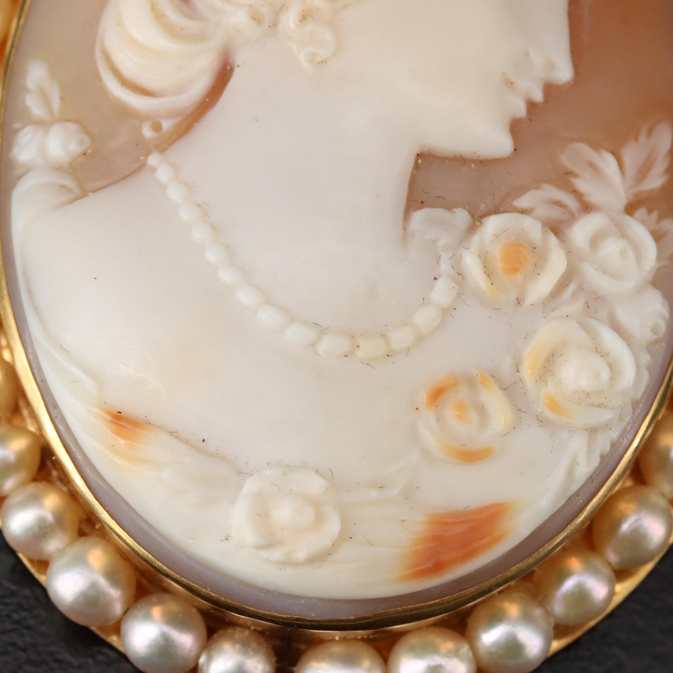 Vintage Shell Cameo and Pearl Brooch Pendant