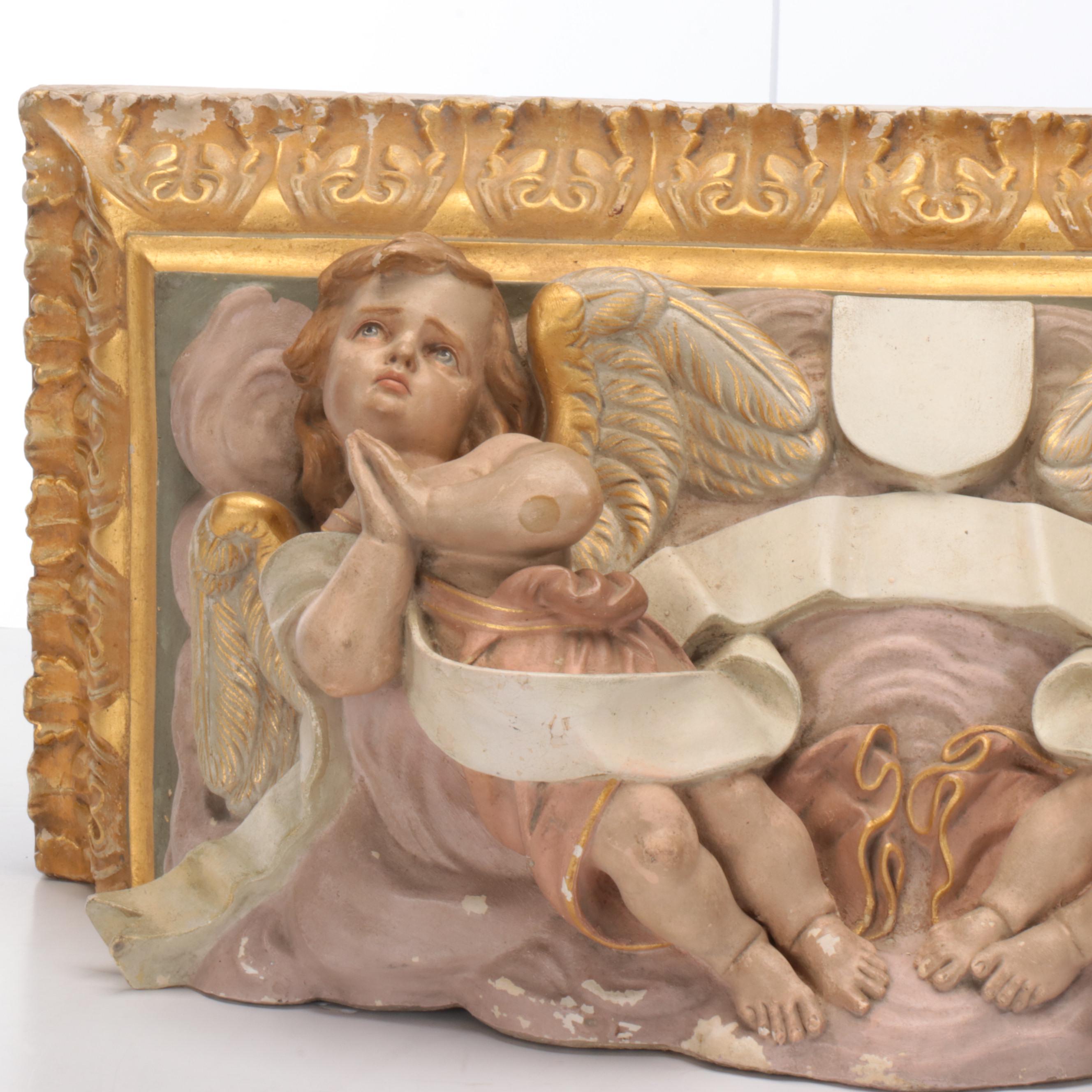 Hand-Painted Cast Plaster Church Architectural Element with Cherub Frieze