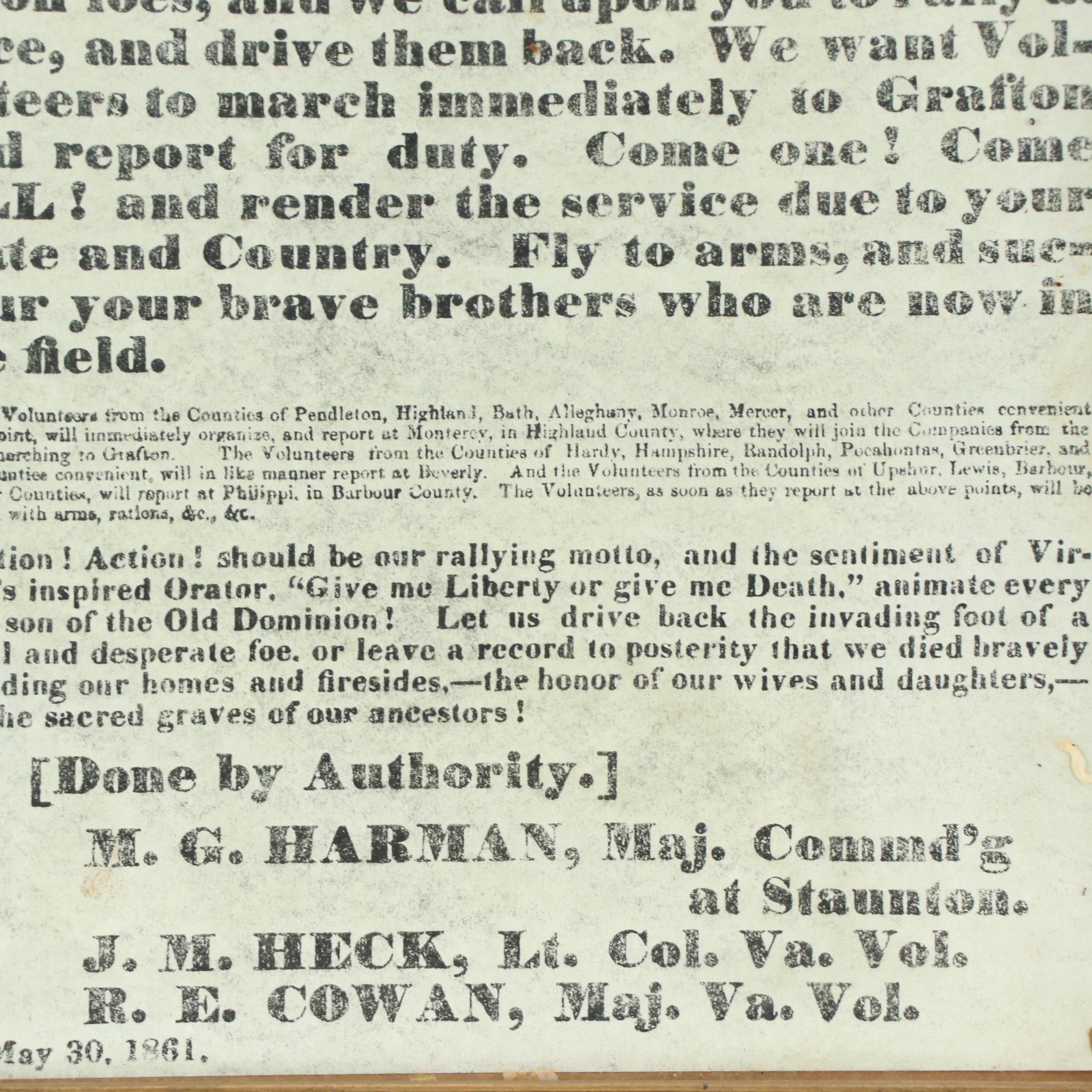 Lithograph Reproduction of Civil-War-Era Virginia Recruiting Broadside