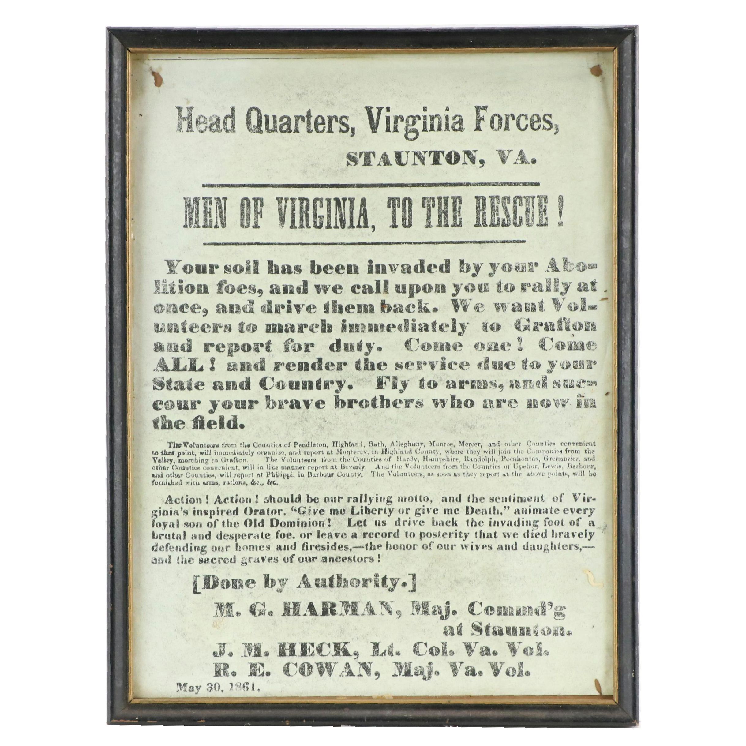Lithograph Reproduction of Civil-War-Era Virginia Recruiting Broadside
