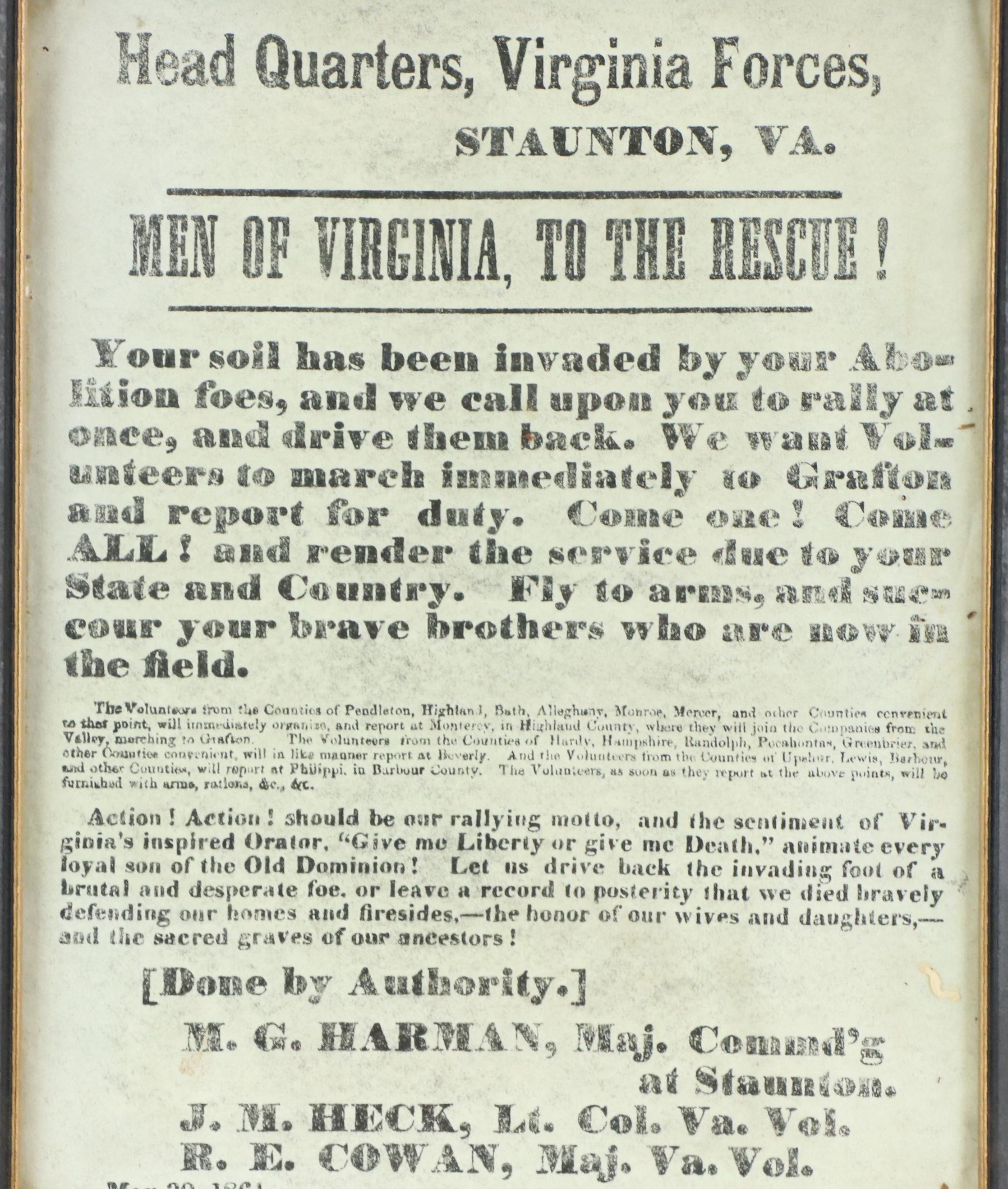 Lithograph Reproduction of Civil-War-Era Virginia Recruiting Broadside