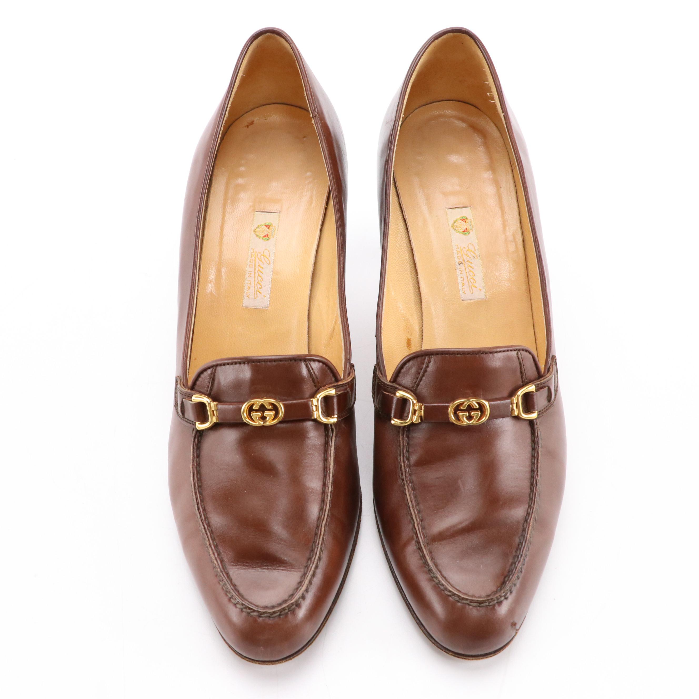 Gucci Vintage GG Brown Leather Block Heel Loafers
