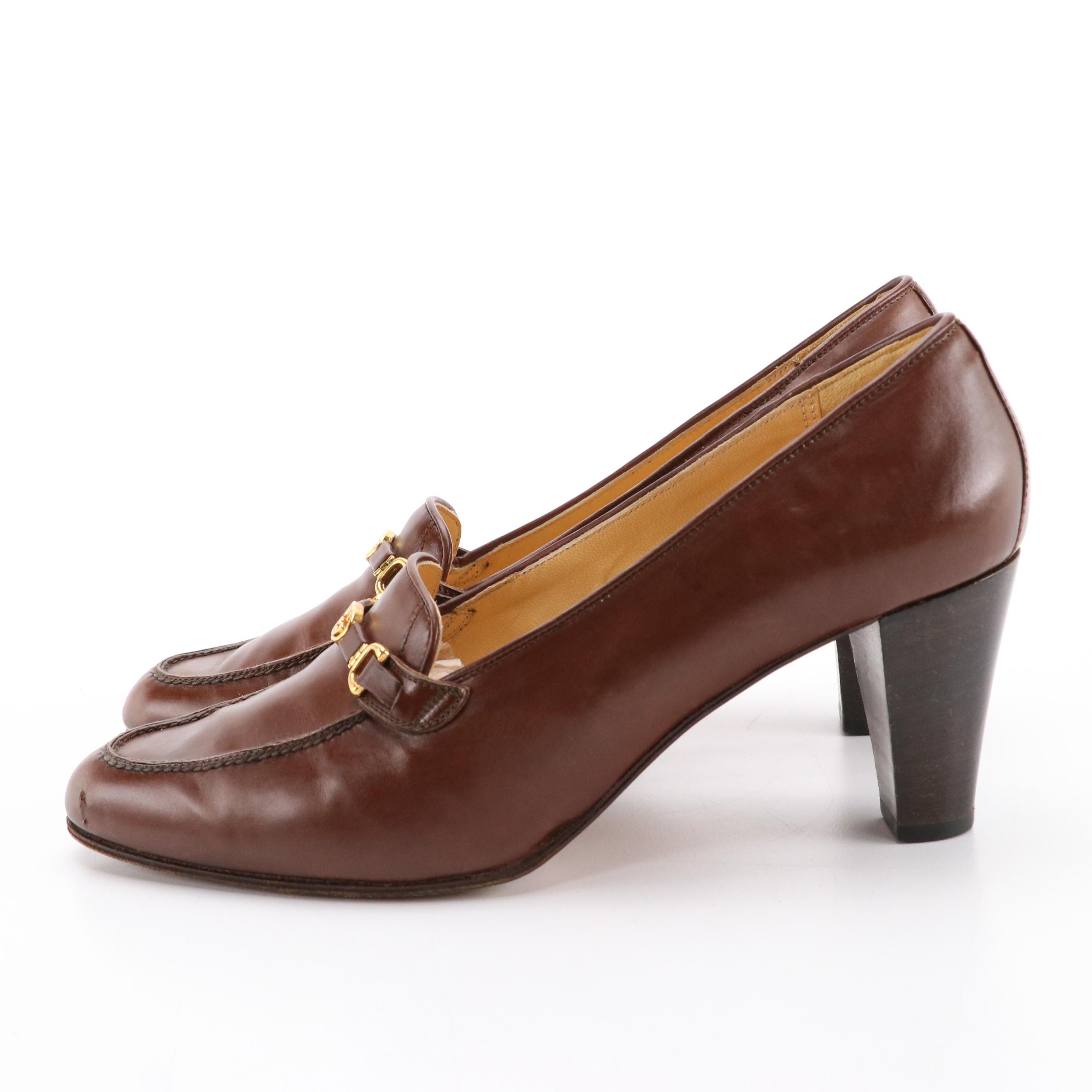 Gucci Vintage GG Brown Leather Block Heel Loafers