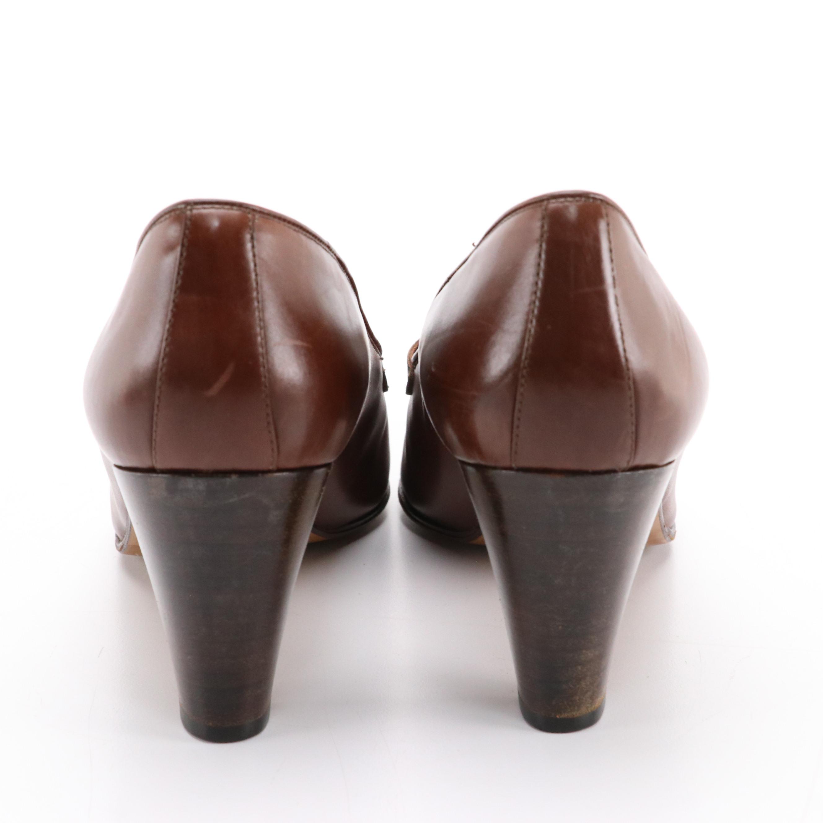 Gucci Vintage GG Brown Leather Block Heel Loafers