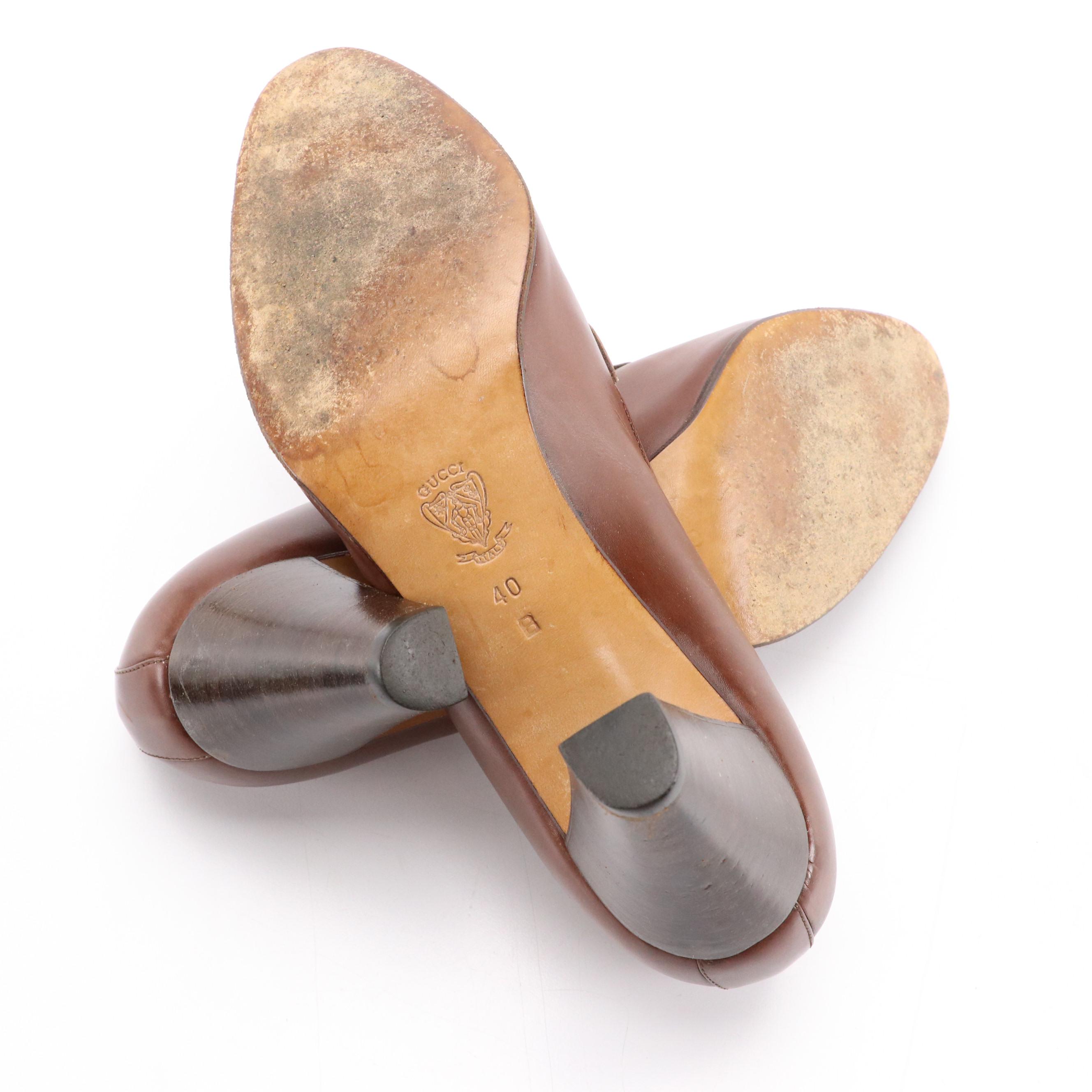 Gucci Vintage GG Brown Leather Block Heel Loafers