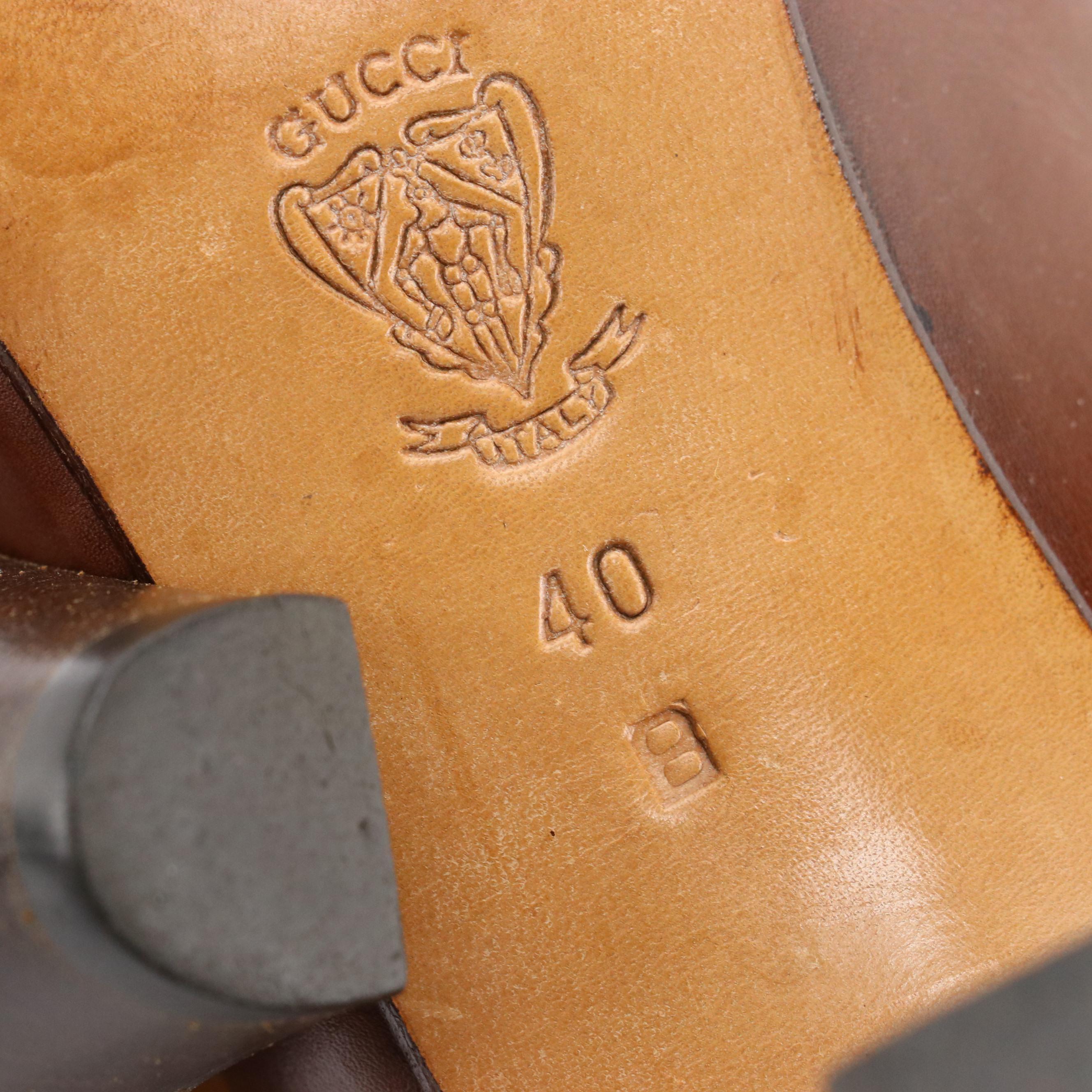 Gucci Vintage GG Brown Leather Block Heel Loafers