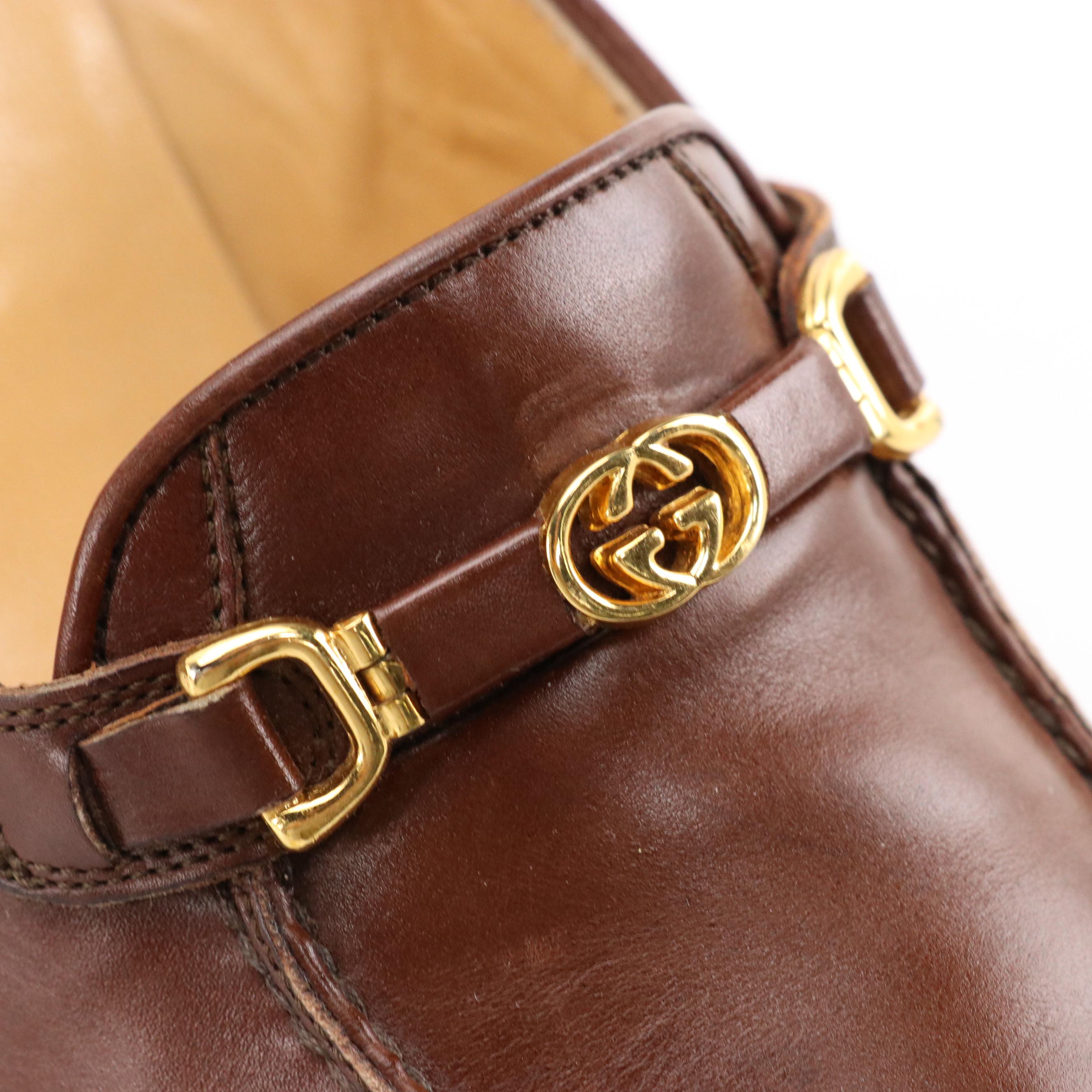 Gucci Vintage GG Brown Leather Block Heel Loafers