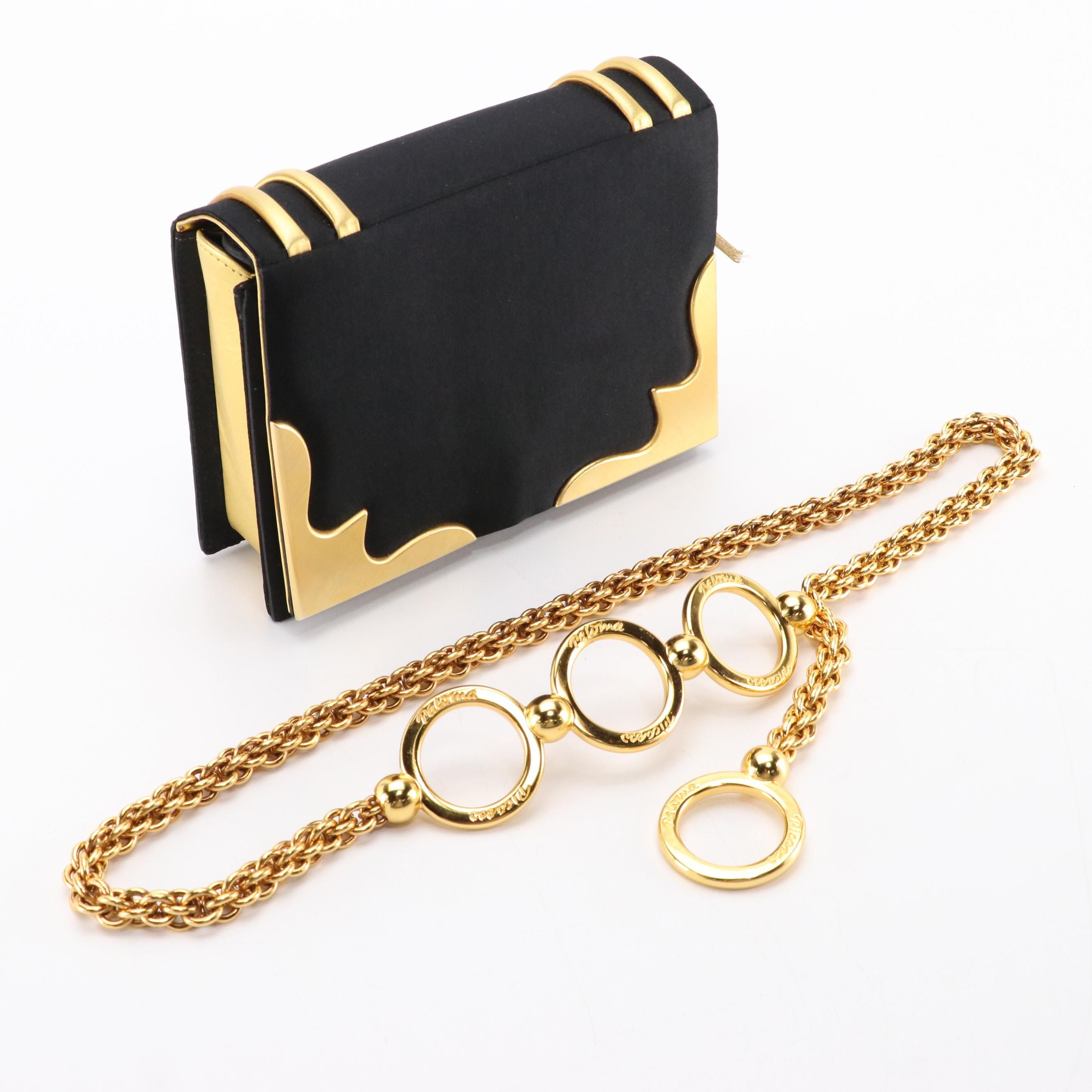 Paloma Picasso Evening Crossbody in Black Satin and Chunky Link Chain Belt