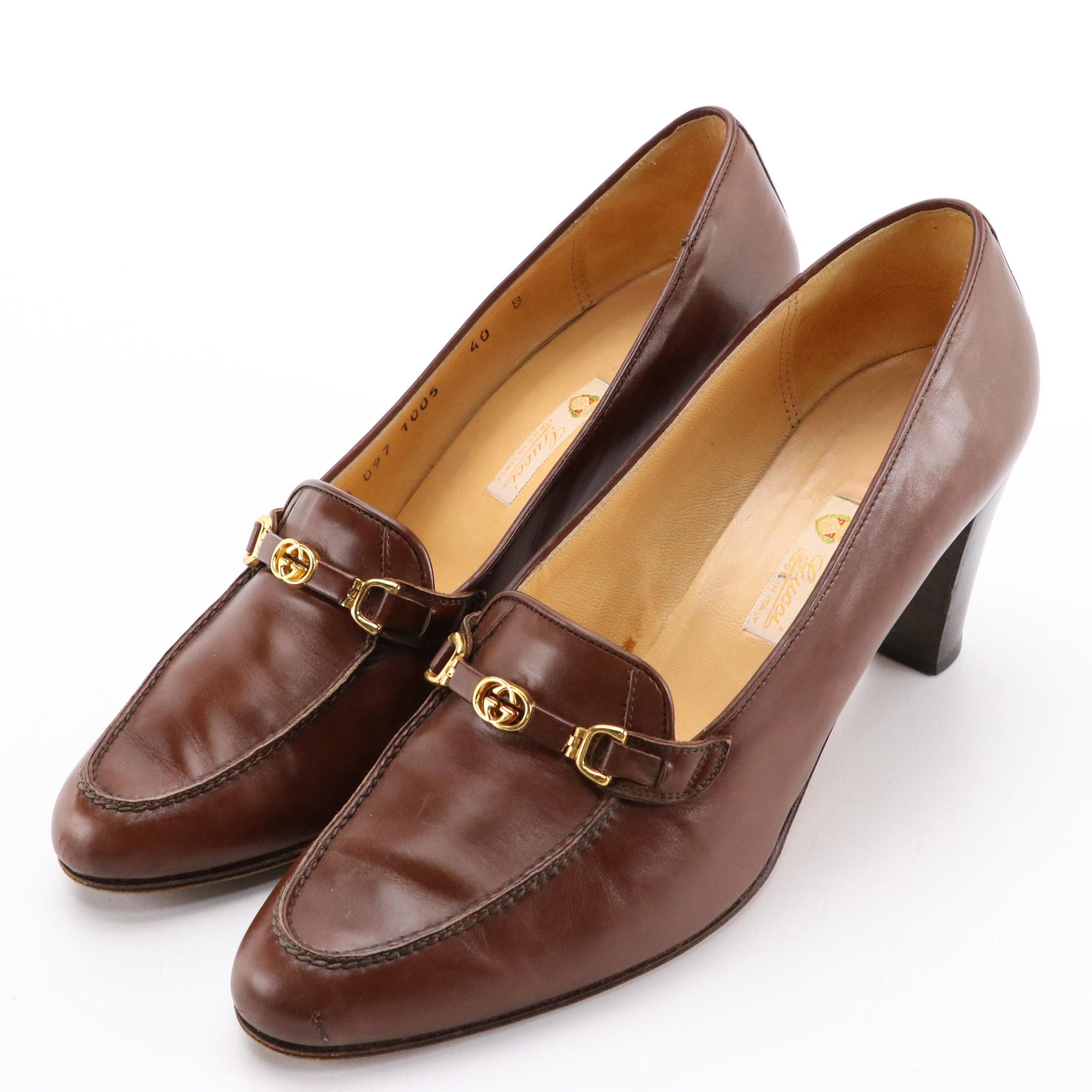 Gucci Vintage GG Brown Leather Block Heel Loafers