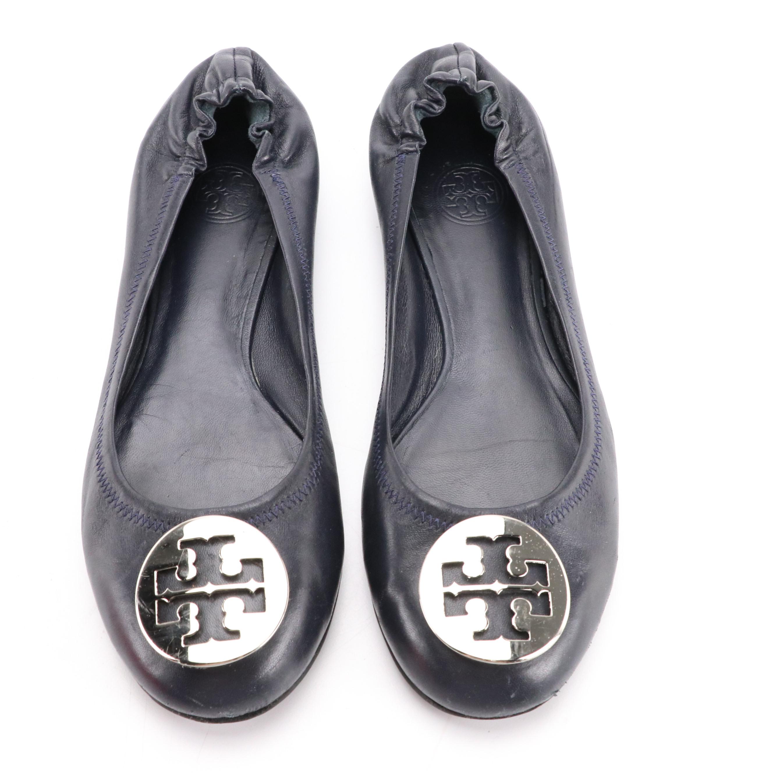 Tory Burch Reva Ballerina Flats in Navy Blue Leather with Box