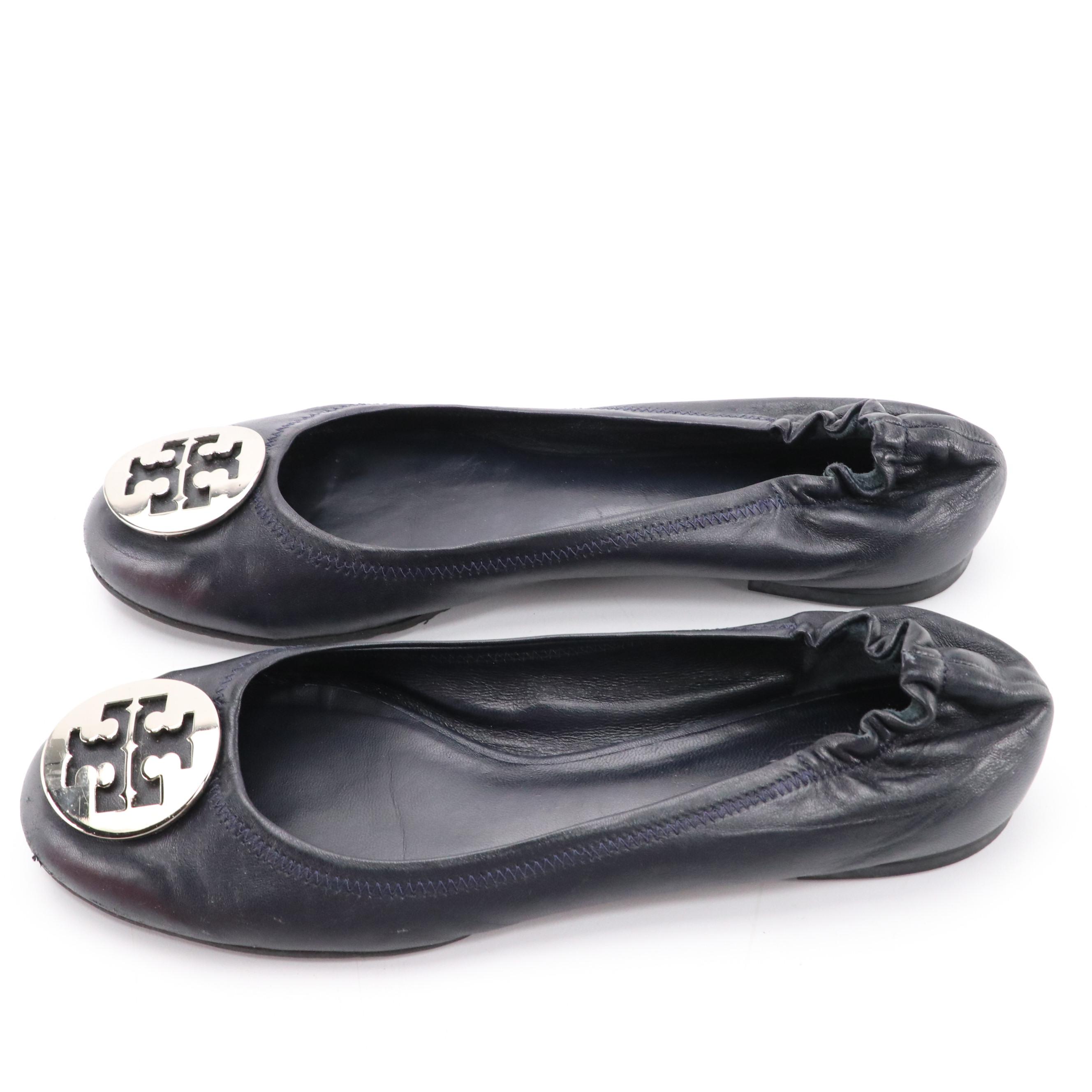 Tory Burch Reva Ballerina Flats in Navy Blue Leather with Box