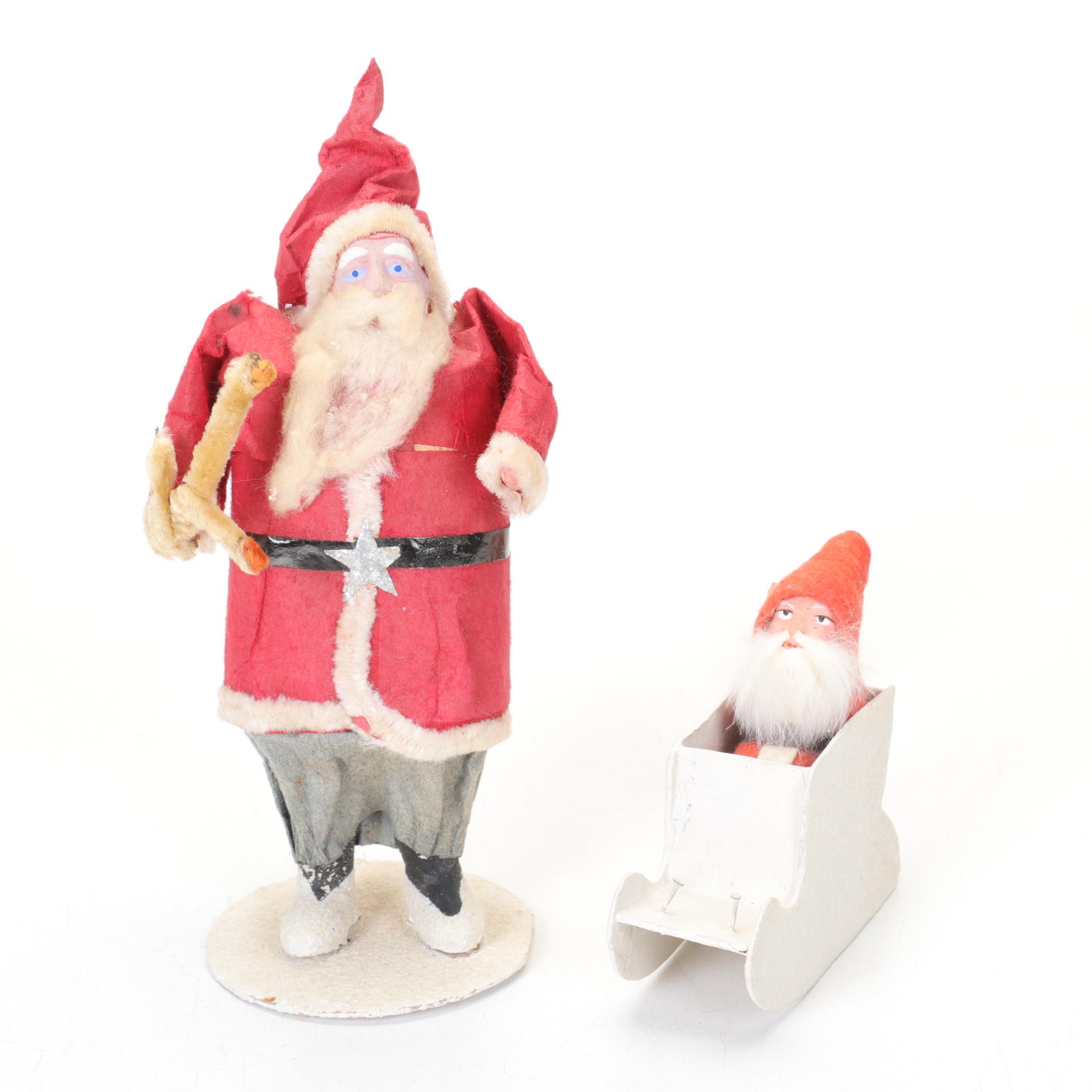 German Santa in Sleigh Figurine with Papier Mache Santa, Mid 20th Century