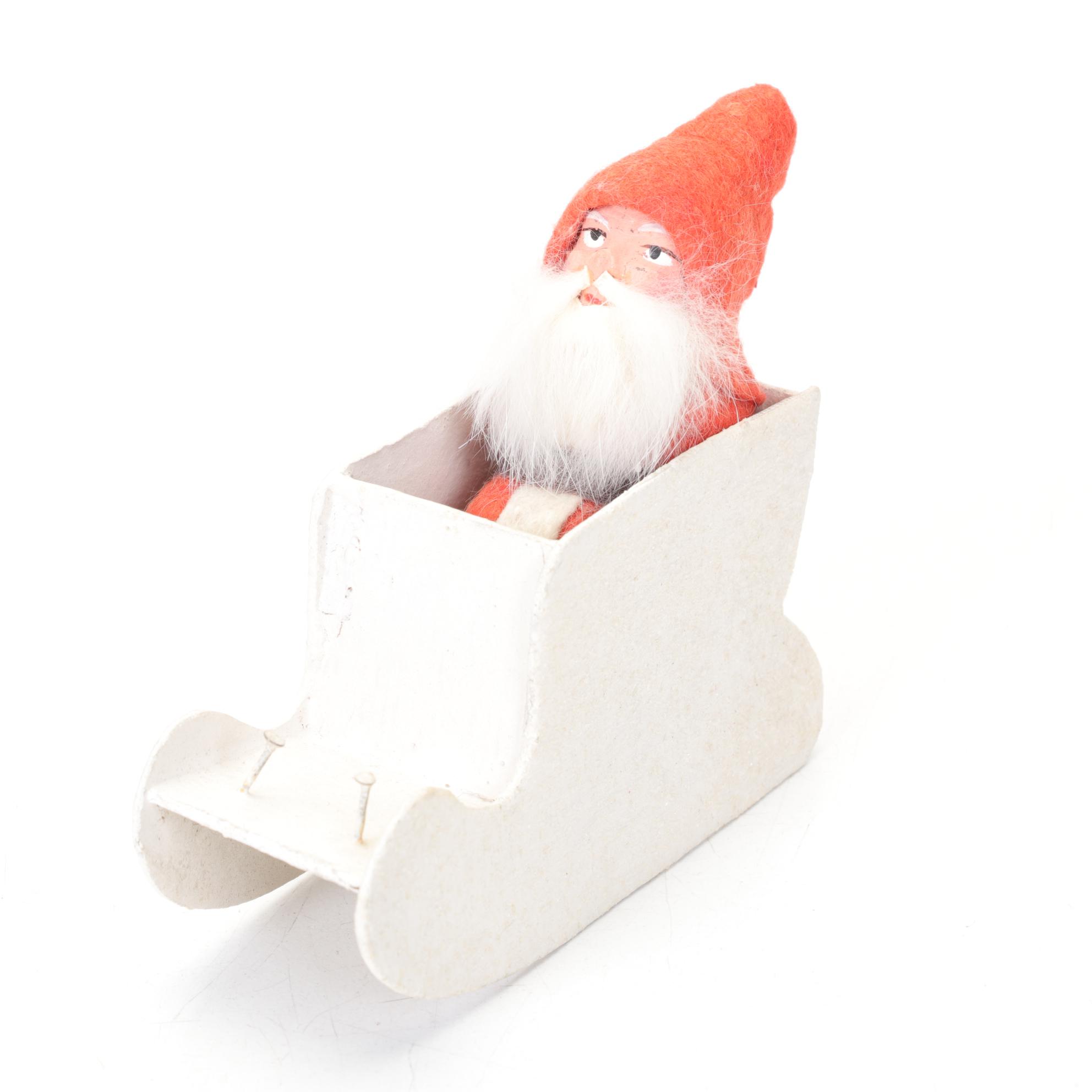 German Santa in Sleigh Figurine with Papier Mache Santa, Mid 20th Century