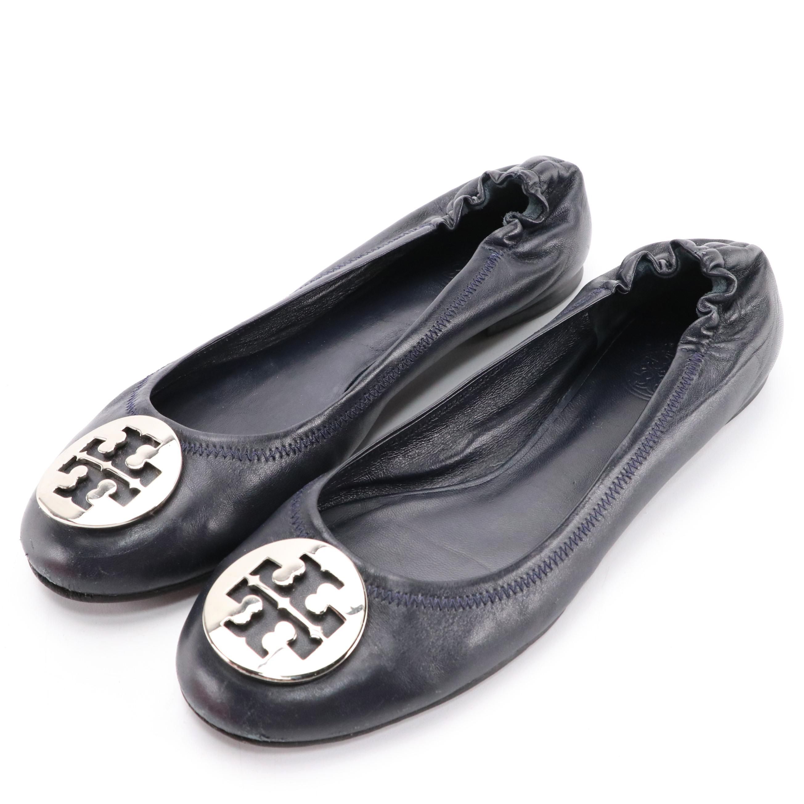 Tory Burch Reva Ballerina Flats in Navy Blue Leather with Box
