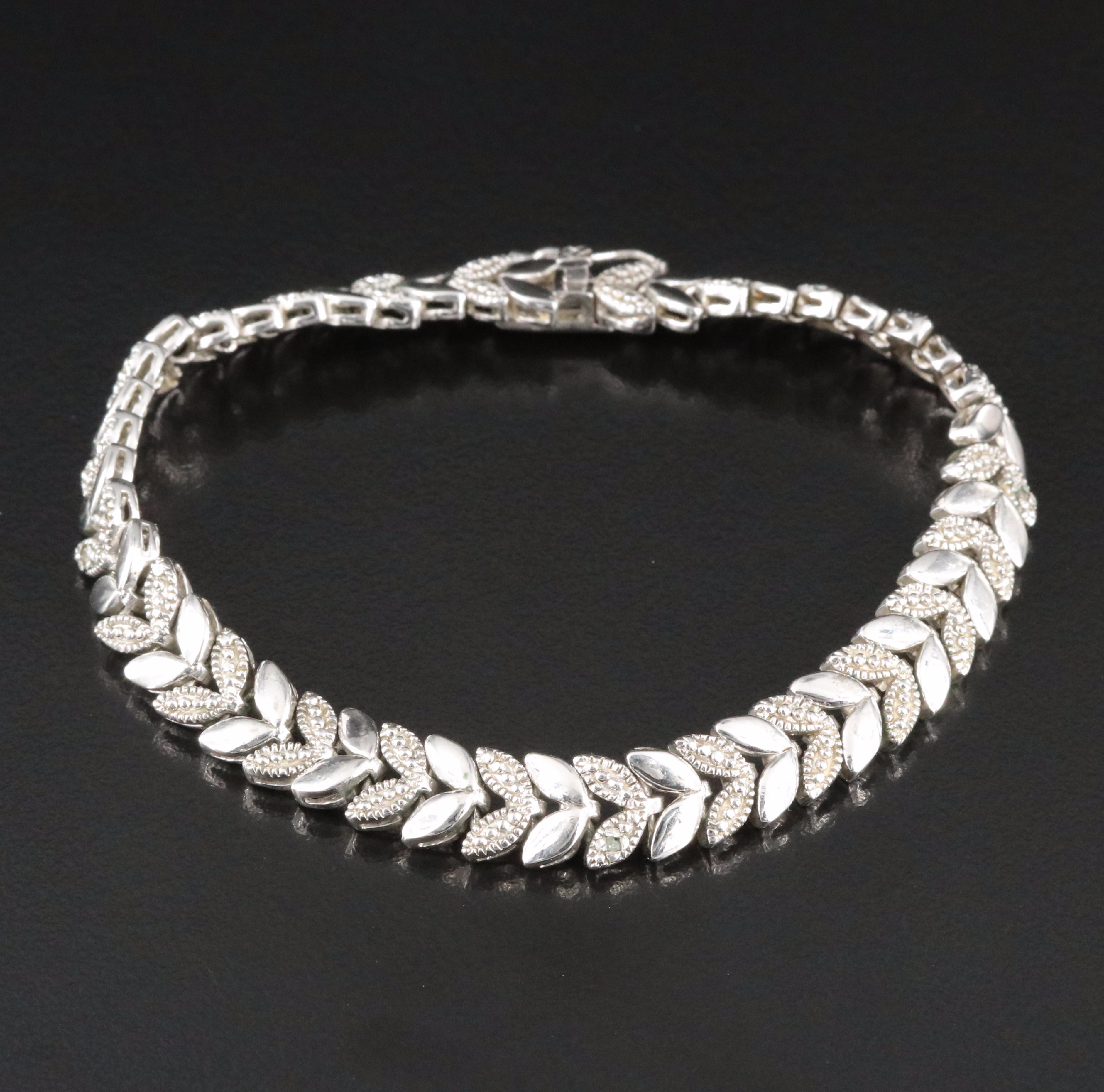Sterling Foliate Link Bracelet with Diamond Accents