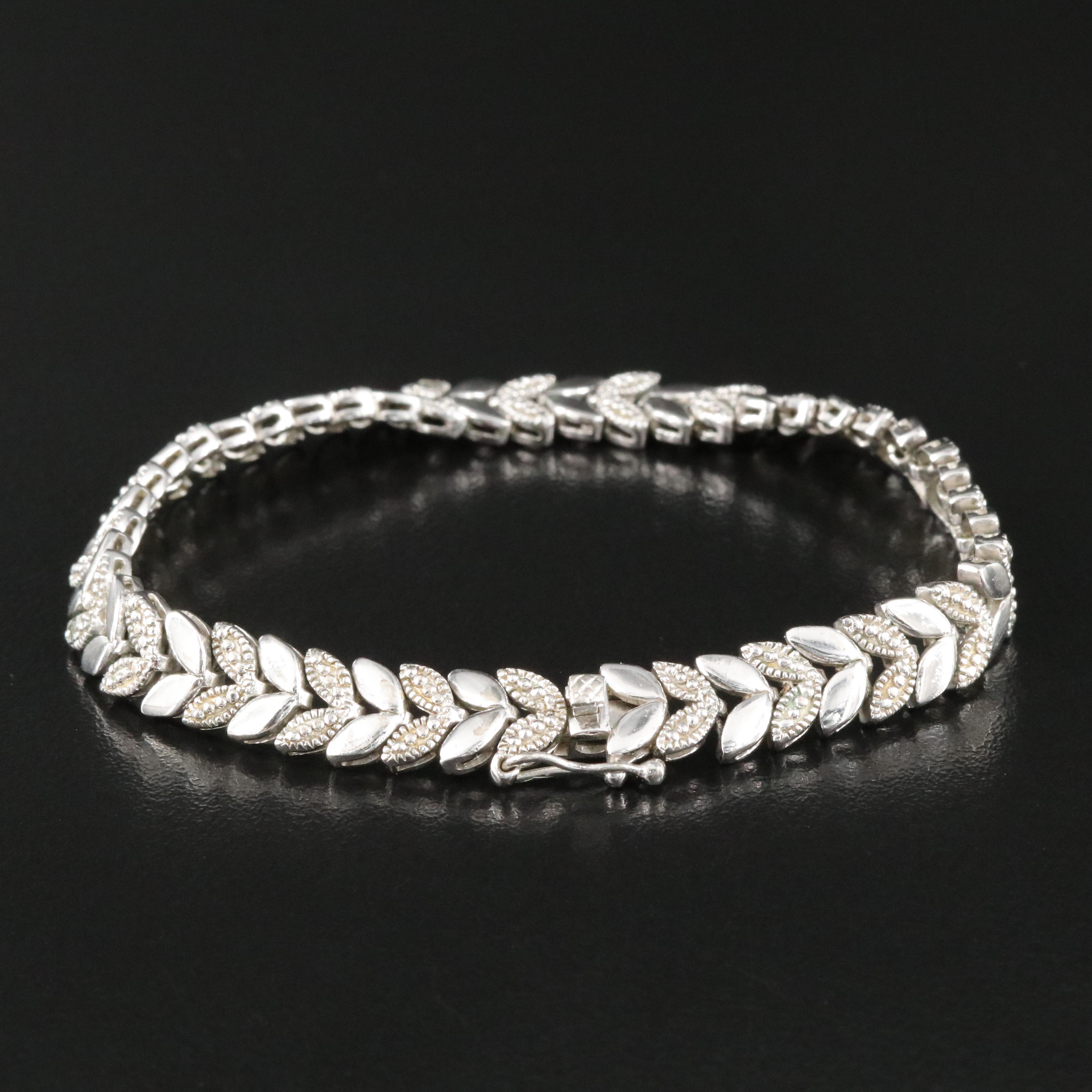Sterling Foliate Link Bracelet with Diamond Accents