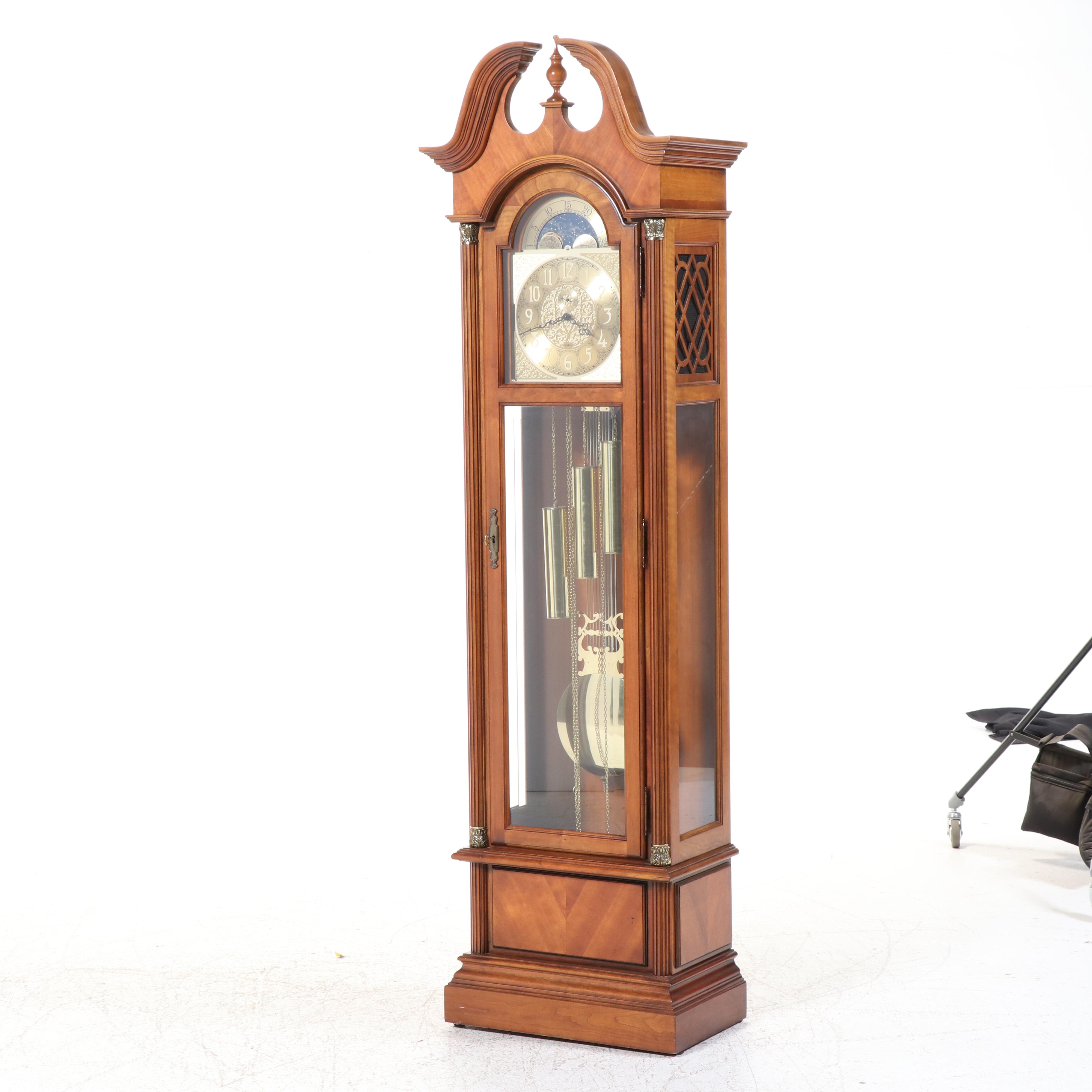 Howard Miller Bookmatched Veneer Wood Pendulum Grandfather Clock