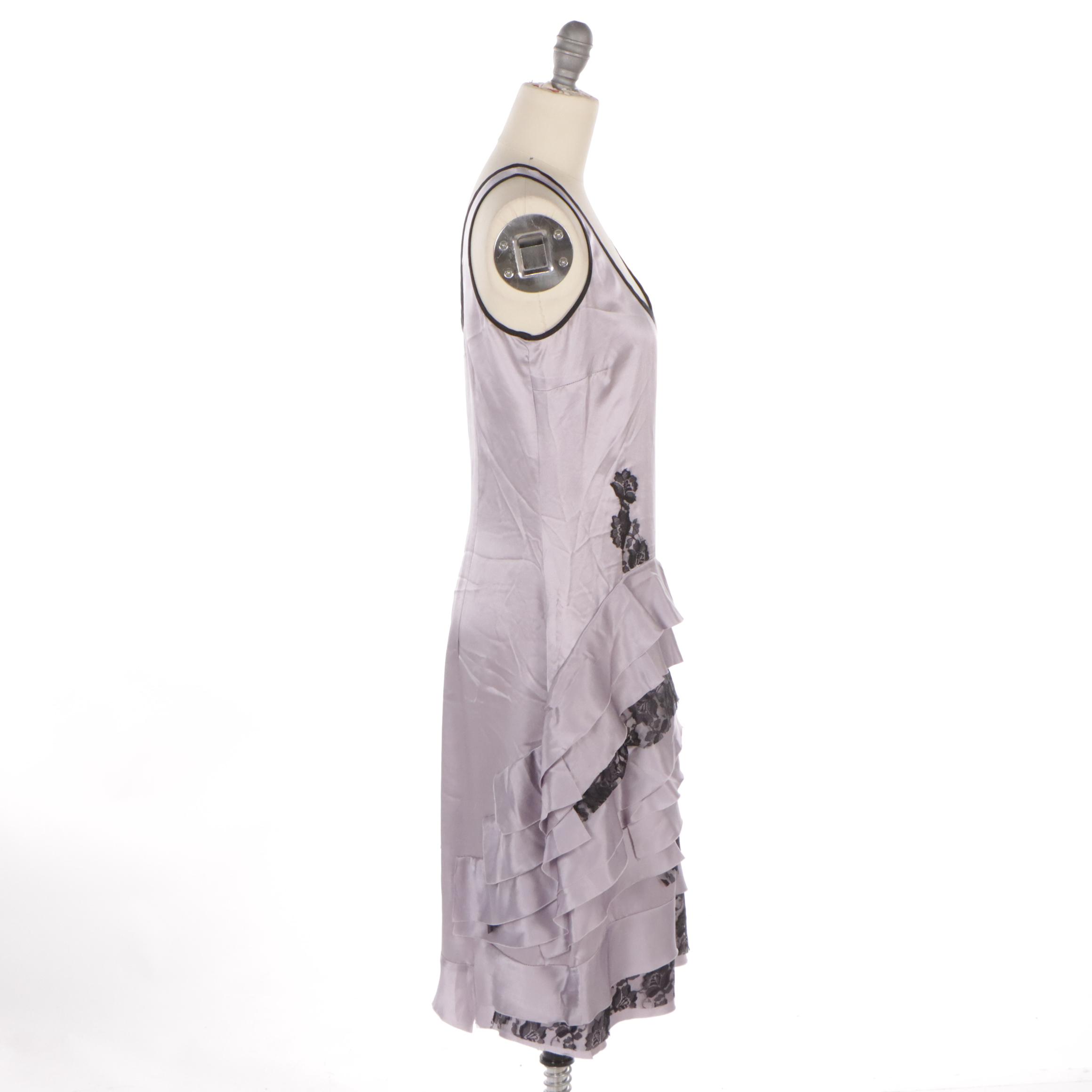 Prada Lavender Silk and Black Lace Tiered Ruffle Sleeveless Dress