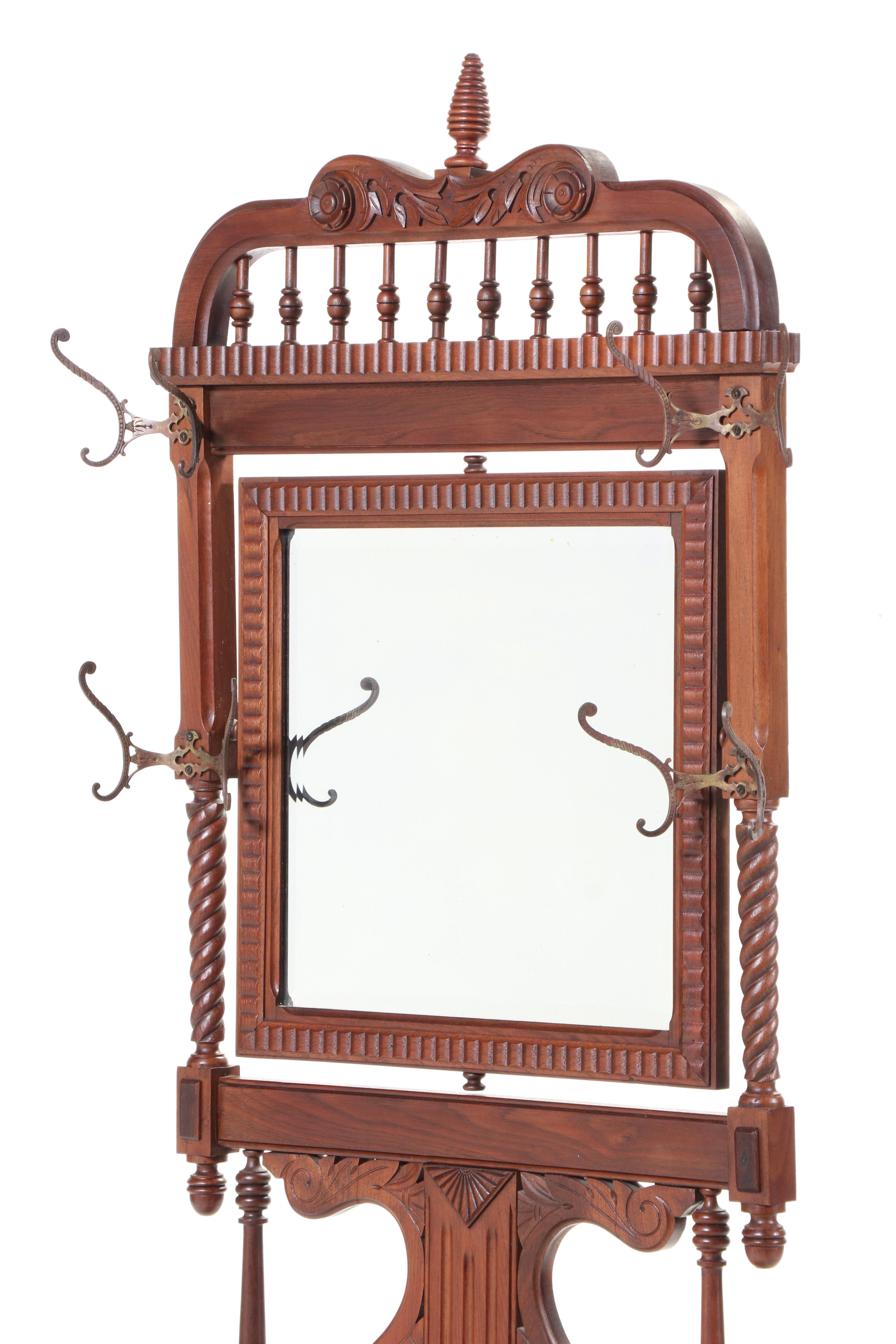 Late Victorian Carved Walnut Hall Tree with Chair, Late 19th/Early 20th Century