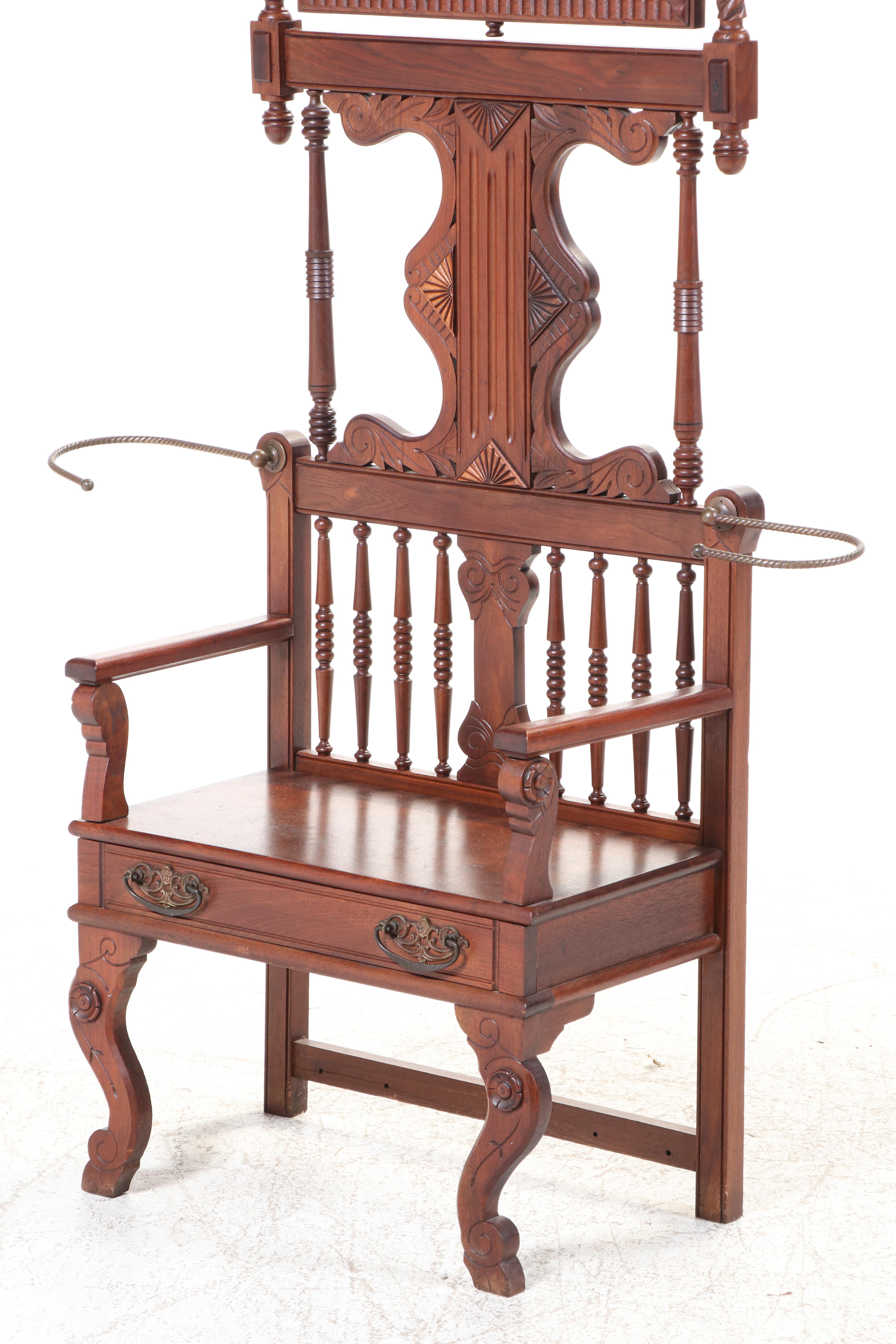 Late Victorian Carved Walnut Hall Tree with Chair, Late 19th/Early 20th Century