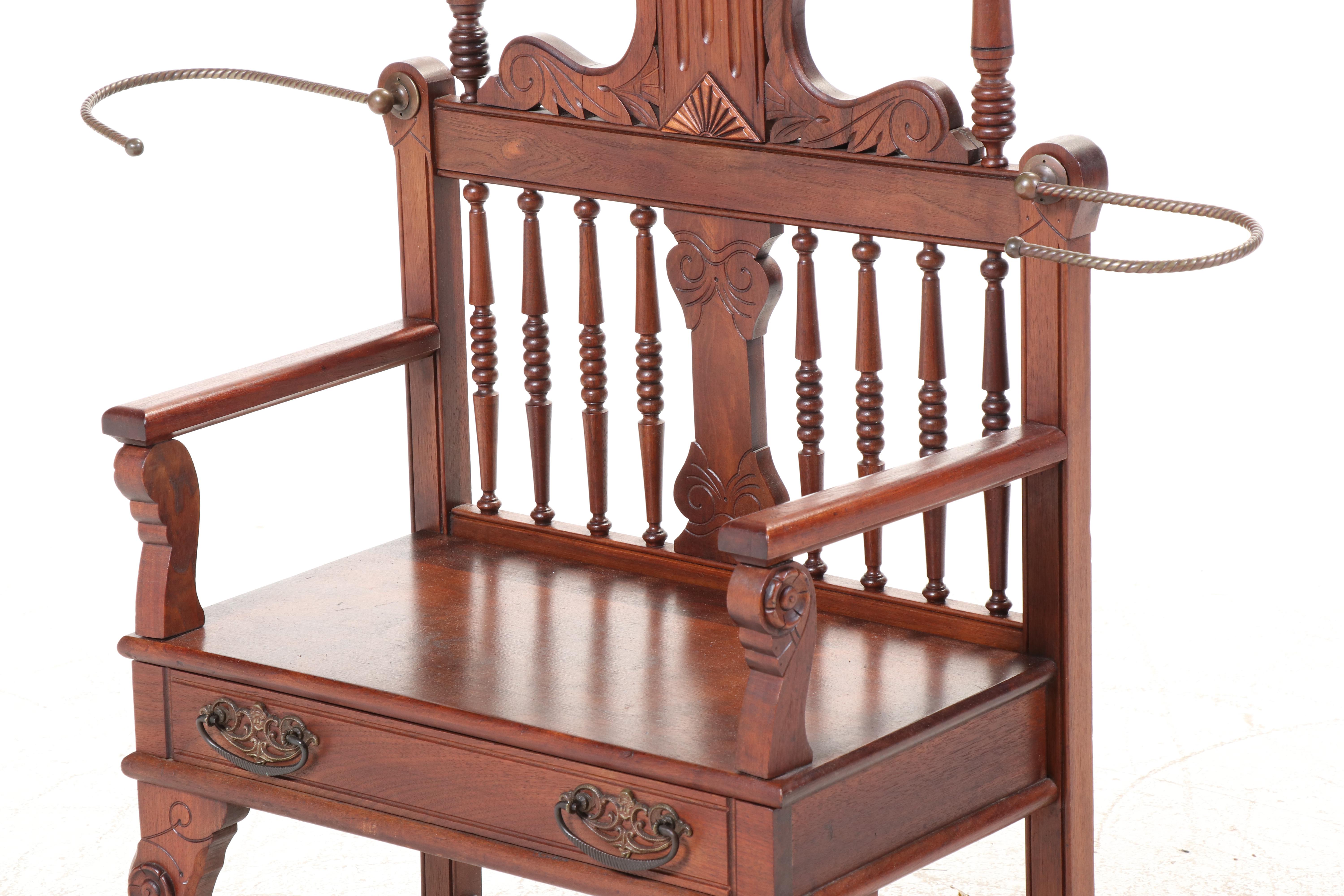 Late Victorian Carved Walnut Hall Tree with Chair, Late 19th/Early 20th Century