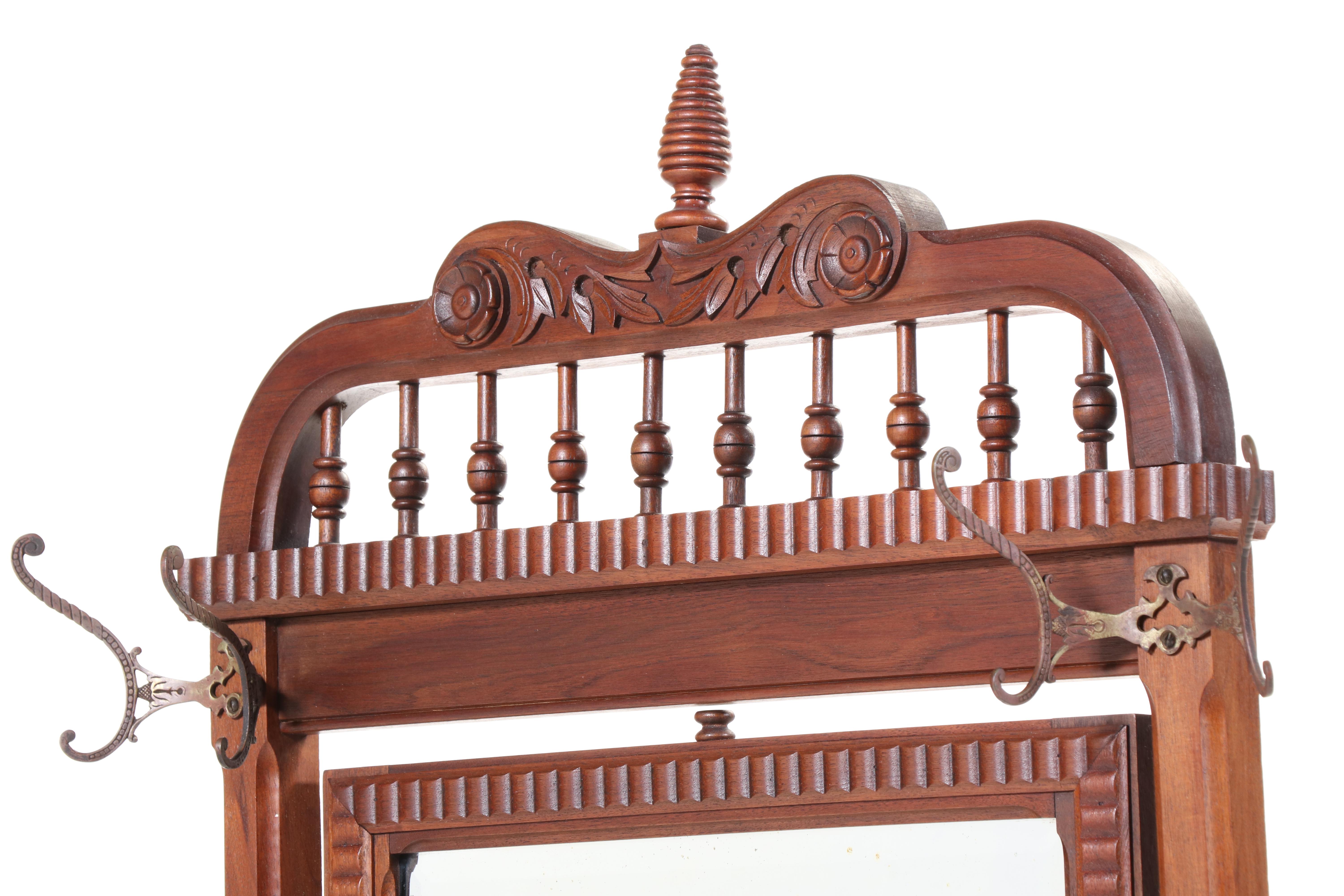 Late Victorian Carved Walnut Hall Tree with Chair, Late 19th/Early 20th Century