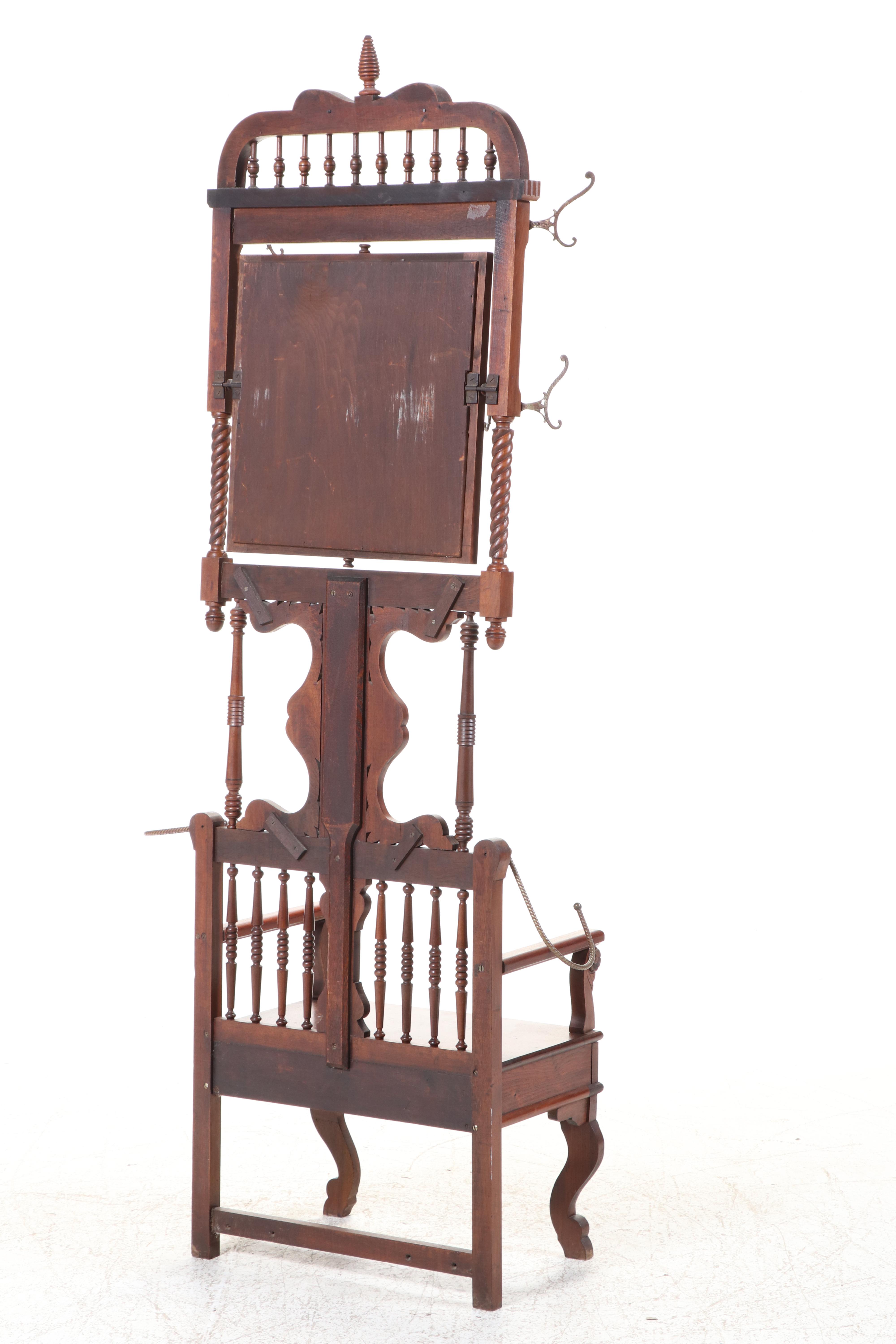 Late Victorian Carved Walnut Hall Tree with Chair, Late 19th/Early 20th Century
