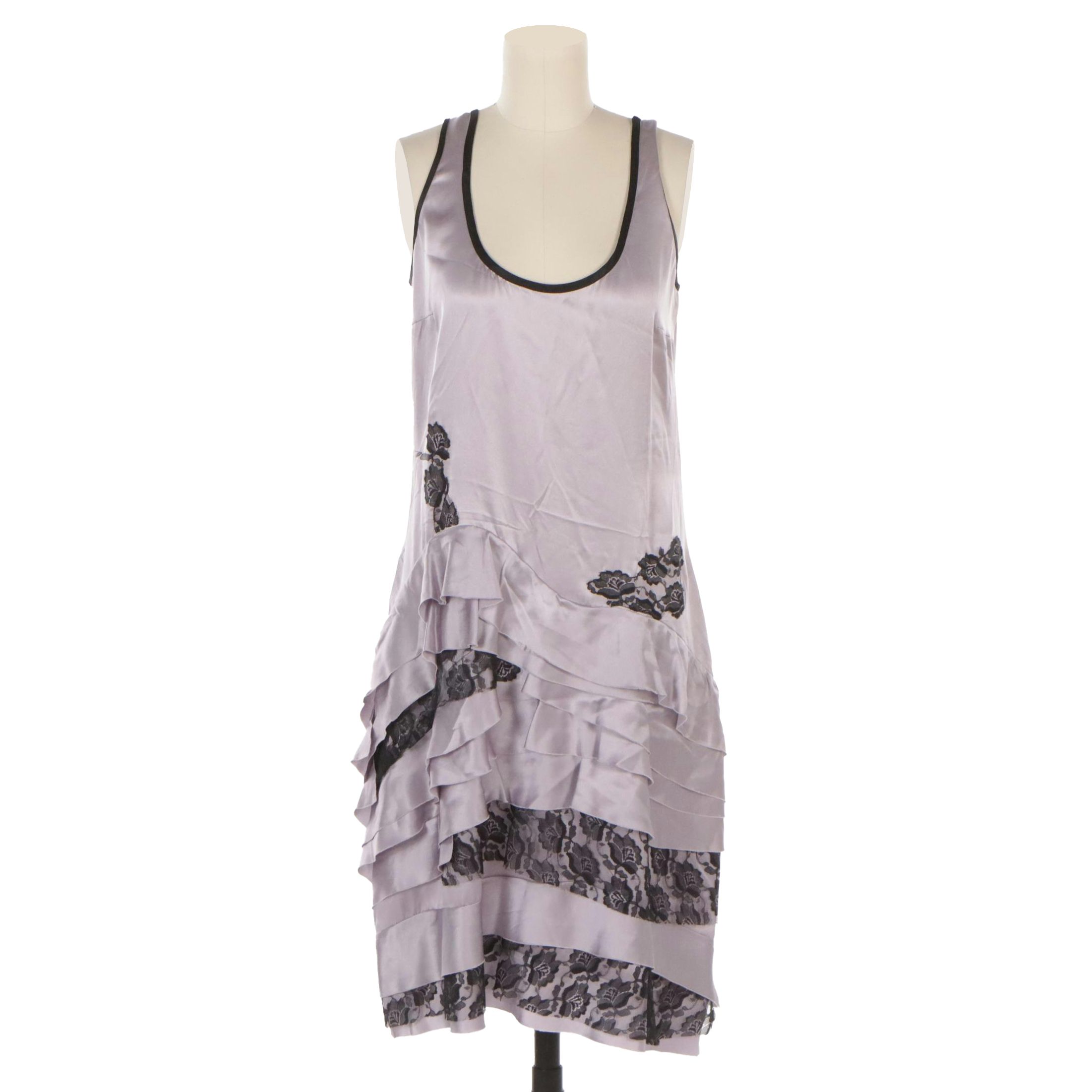 Prada Lavender Silk and Black Lace Tiered Ruffle Sleeveless Dress