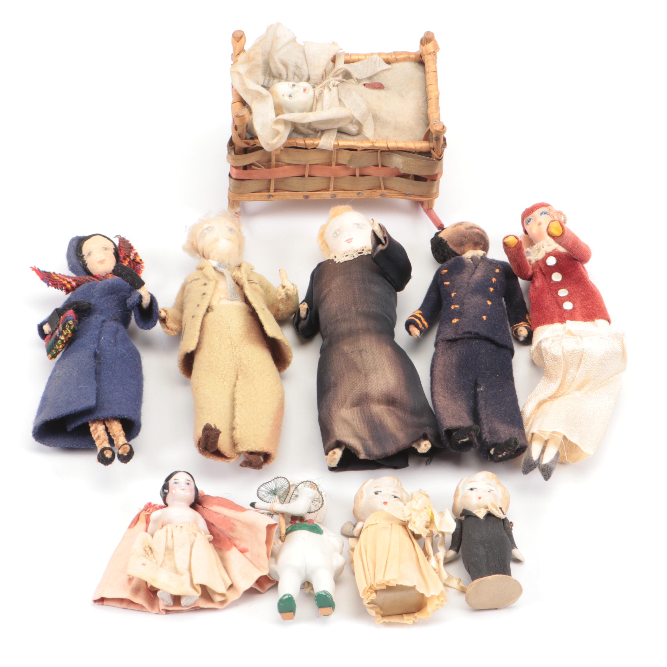 Handmade Felt Dolls with Bisque Bride & Groom Dolls and Others, Vintage