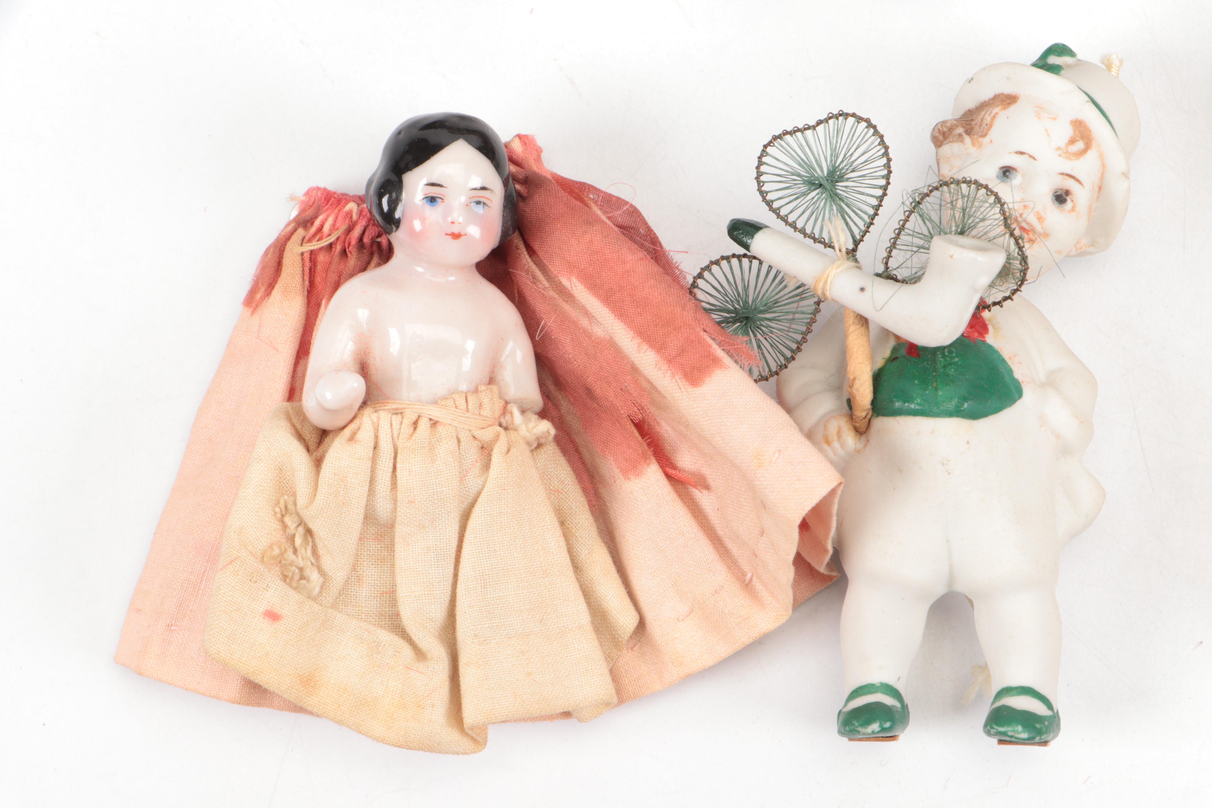 Handmade Felt Dolls with Bisque Bride & Groom Dolls and Others, Vintage