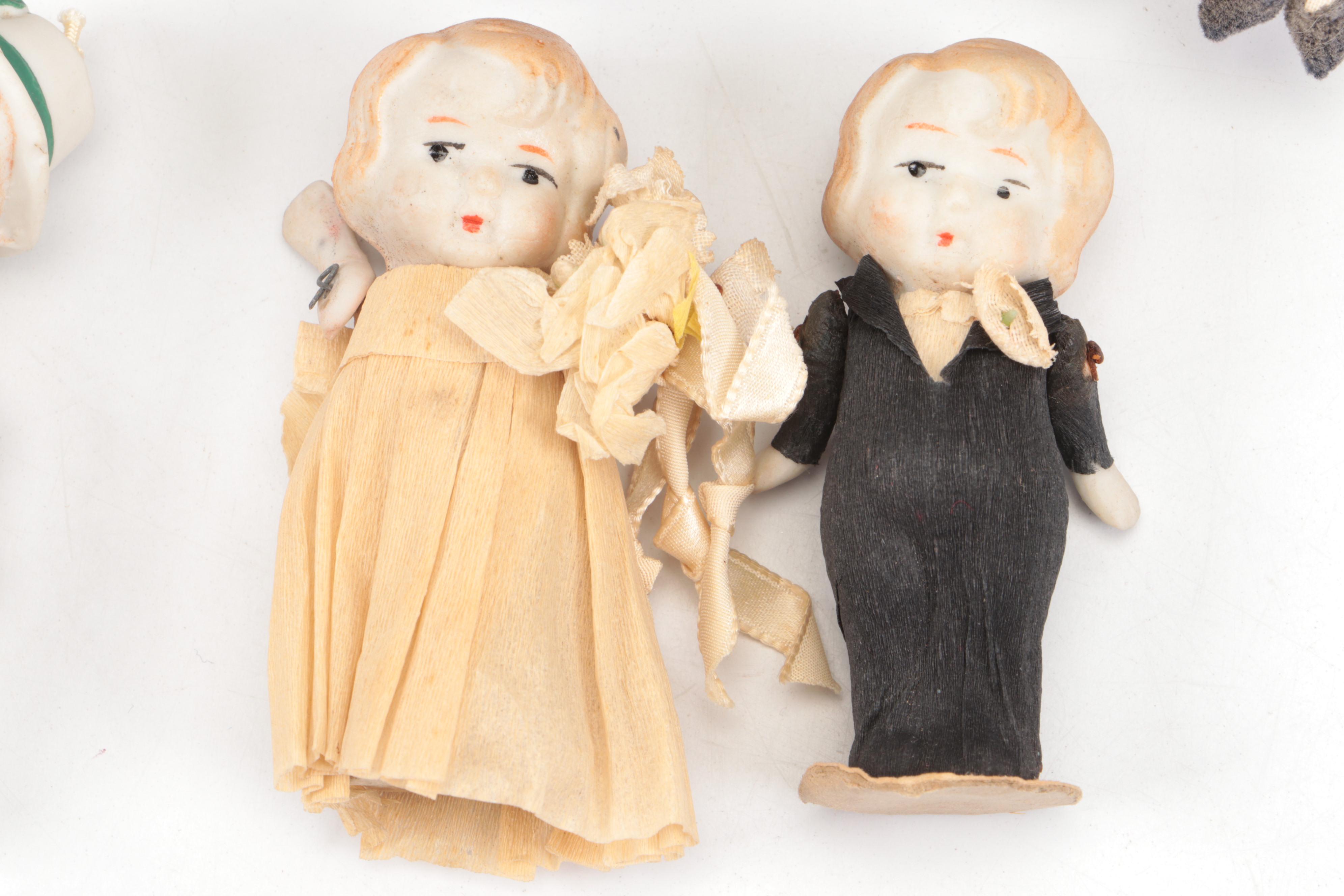 Handmade Felt Dolls with Bisque Bride & Groom Dolls and Others, Vintage