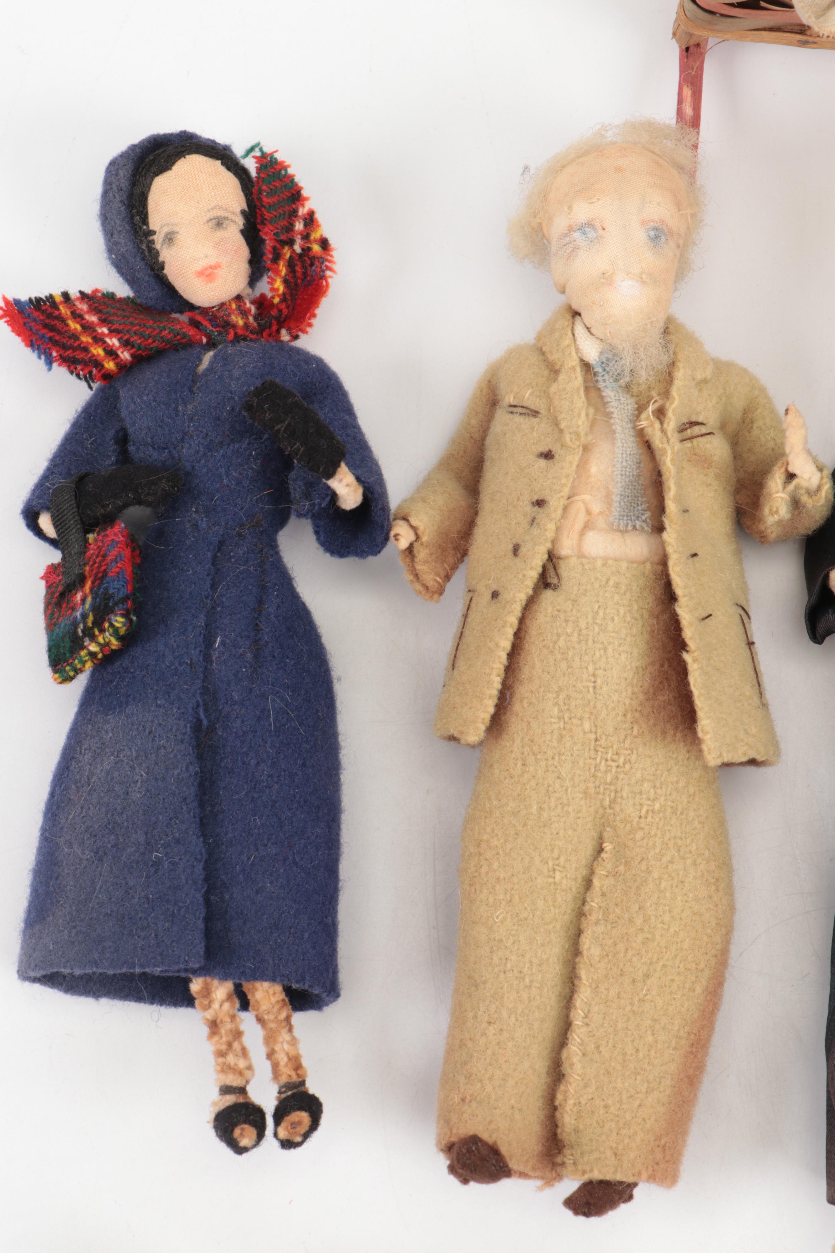 Handmade Felt Dolls with Bisque Bride & Groom Dolls and Others, Vintage