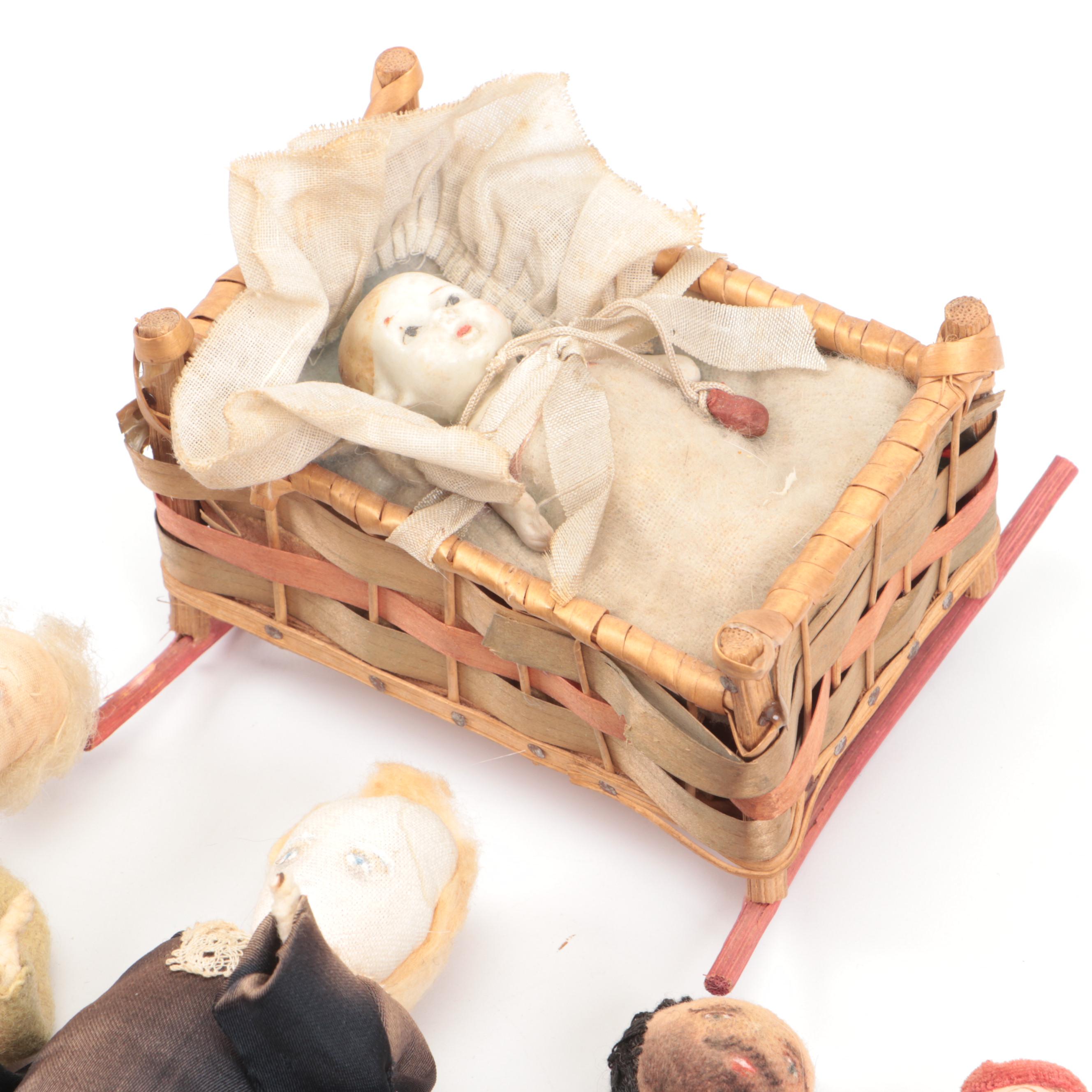 Handmade Felt Dolls with Bisque Bride & Groom Dolls and Others, Vintage