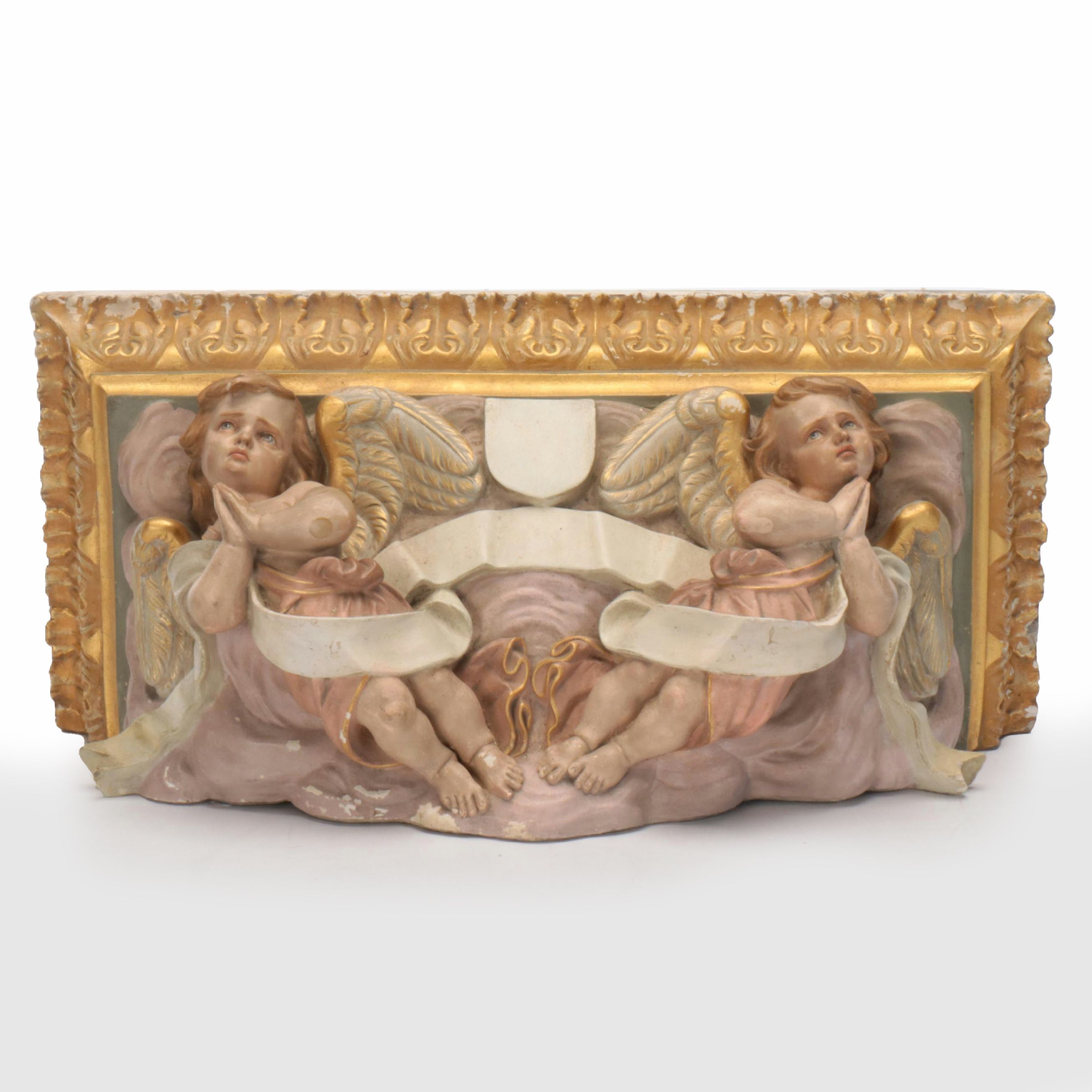 Hand-Painted Cast Plaster Church Architectural Element with Cherub Frieze