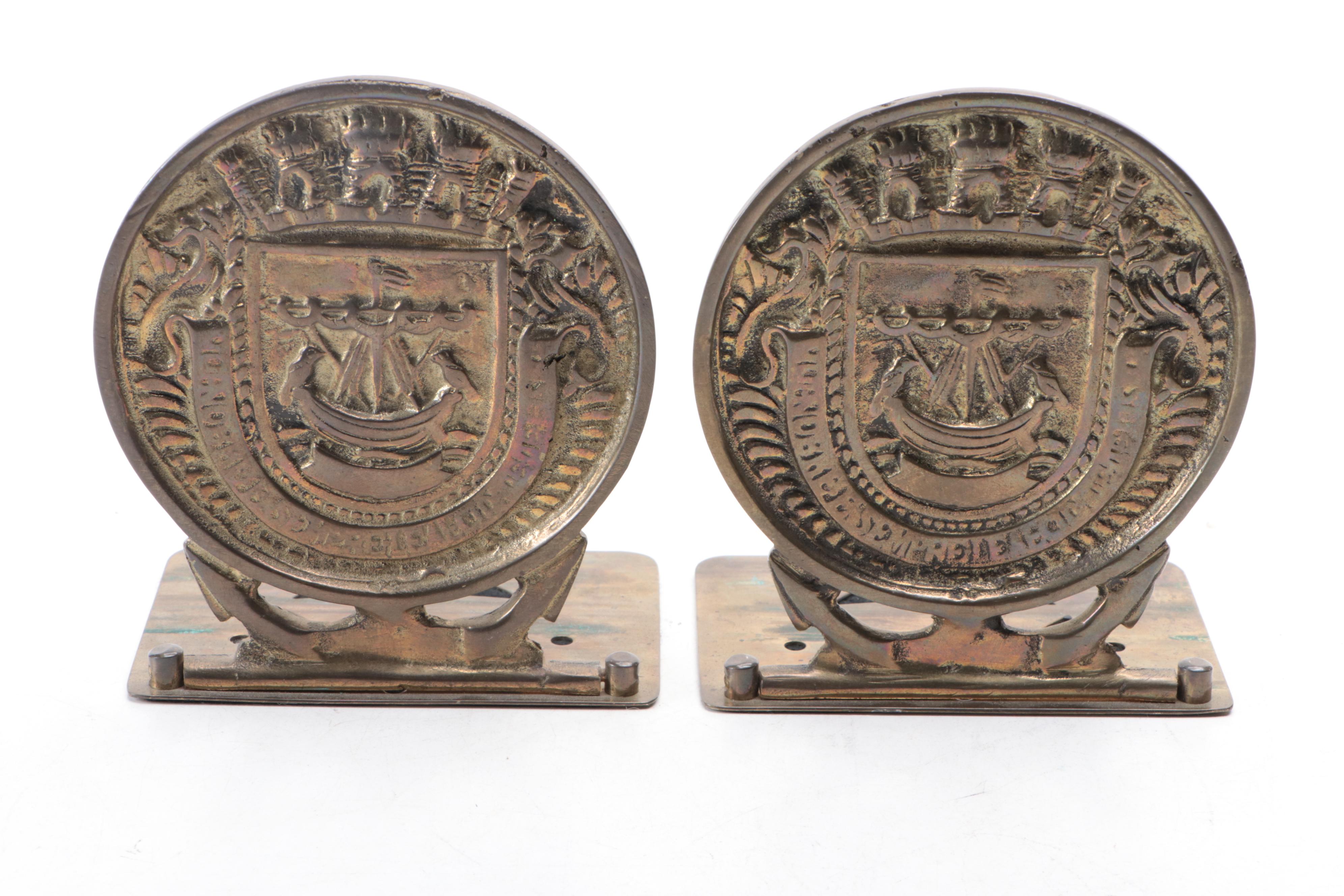 Cast Brass Lisbon City Crest Bookends with Spanish Galleon Cast Brass Bookend
