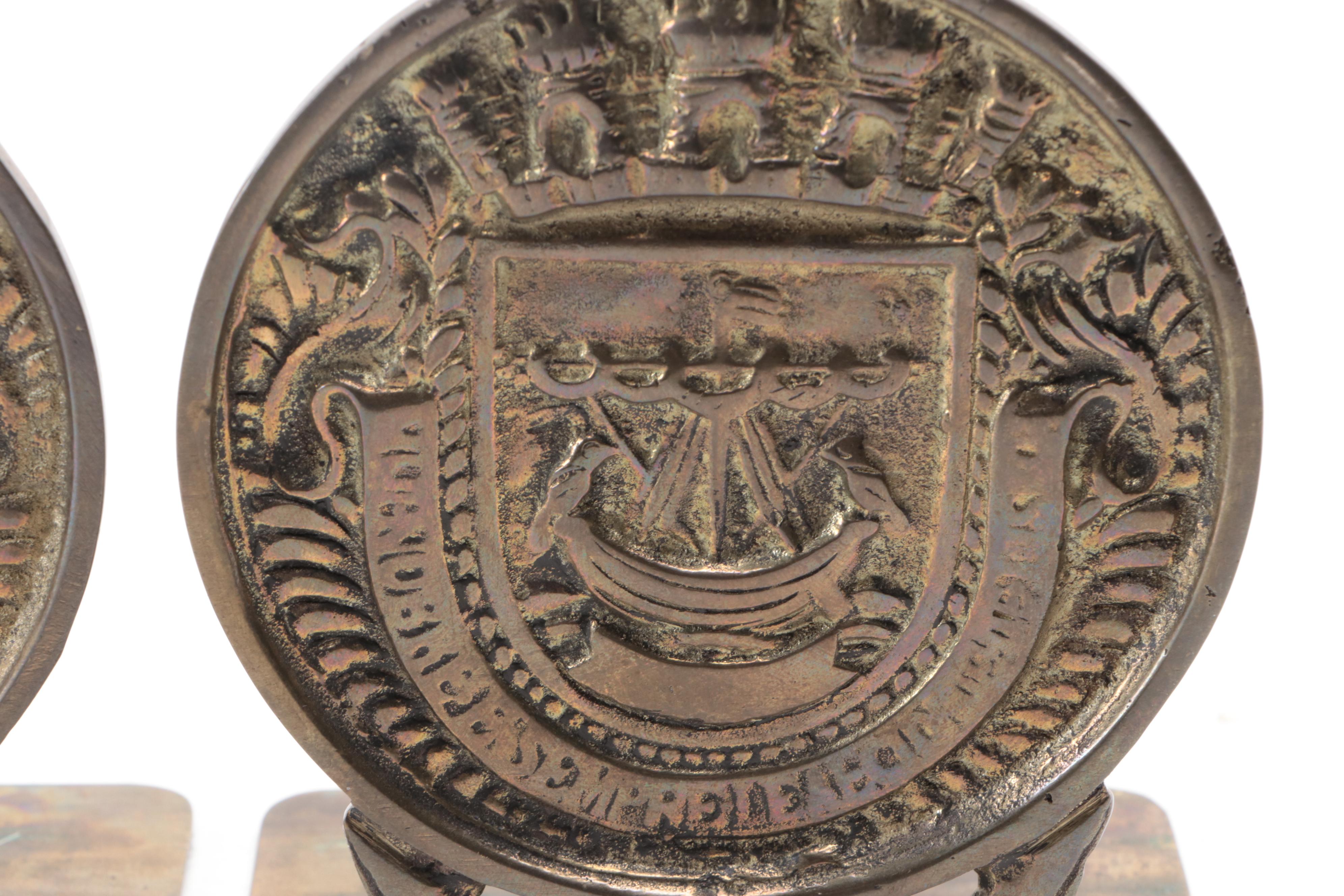 Cast Brass Lisbon City Crest Bookends with Spanish Galleon Cast Brass Bookend