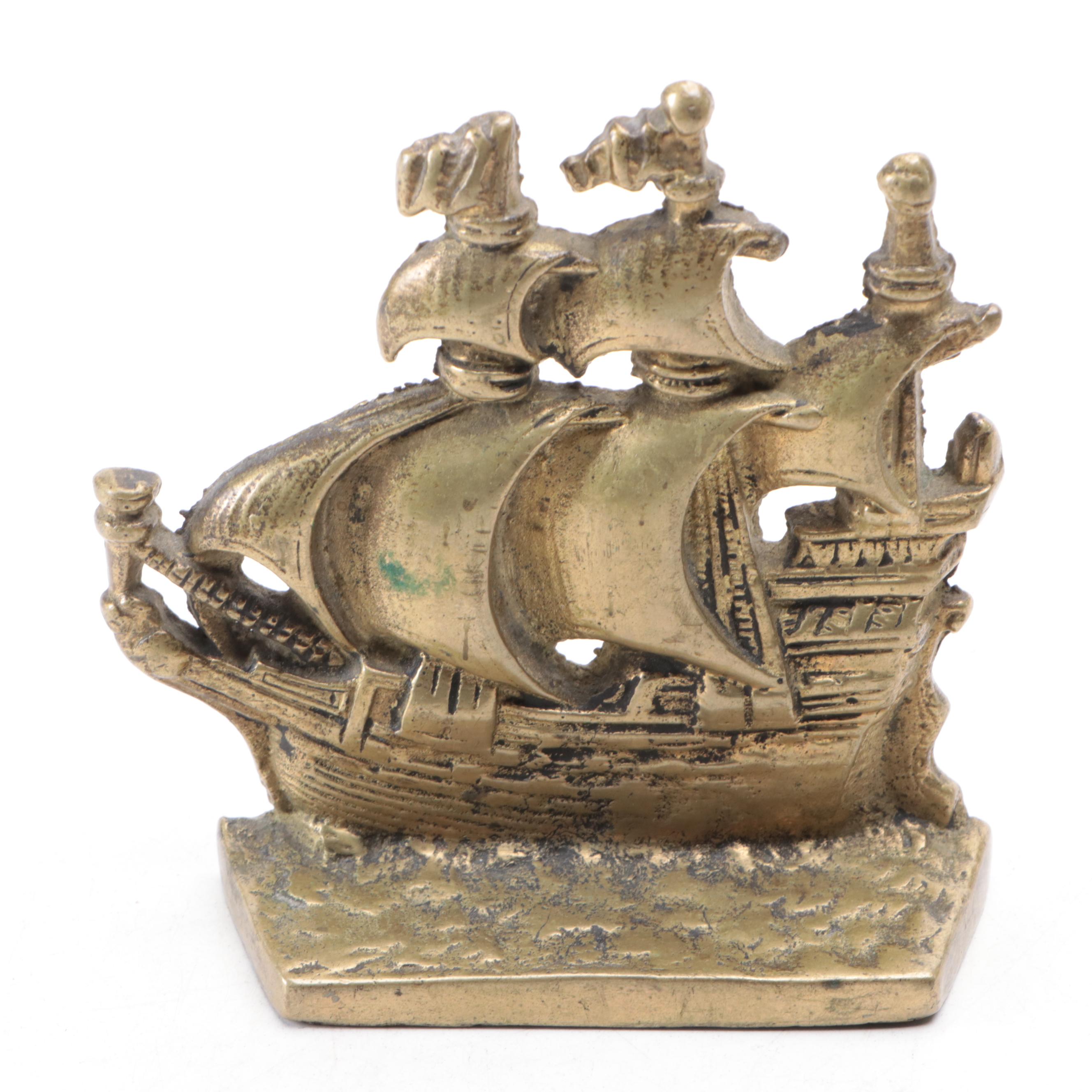 Cast Brass Lisbon City Crest Bookends with Spanish Galleon Cast Brass Bookend
