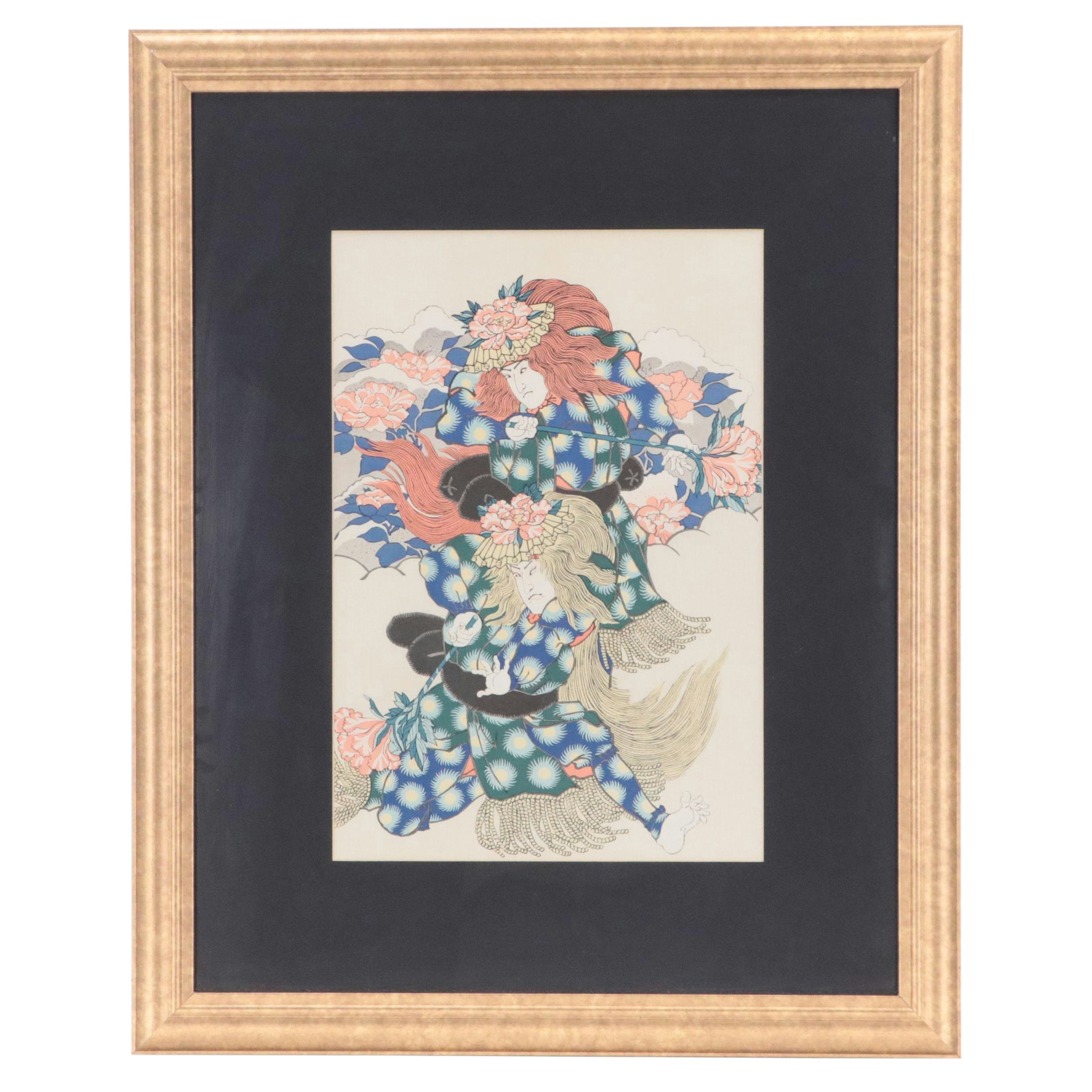 Photomechanical Print of Japanese Kabuki Figures, Late 20th Century