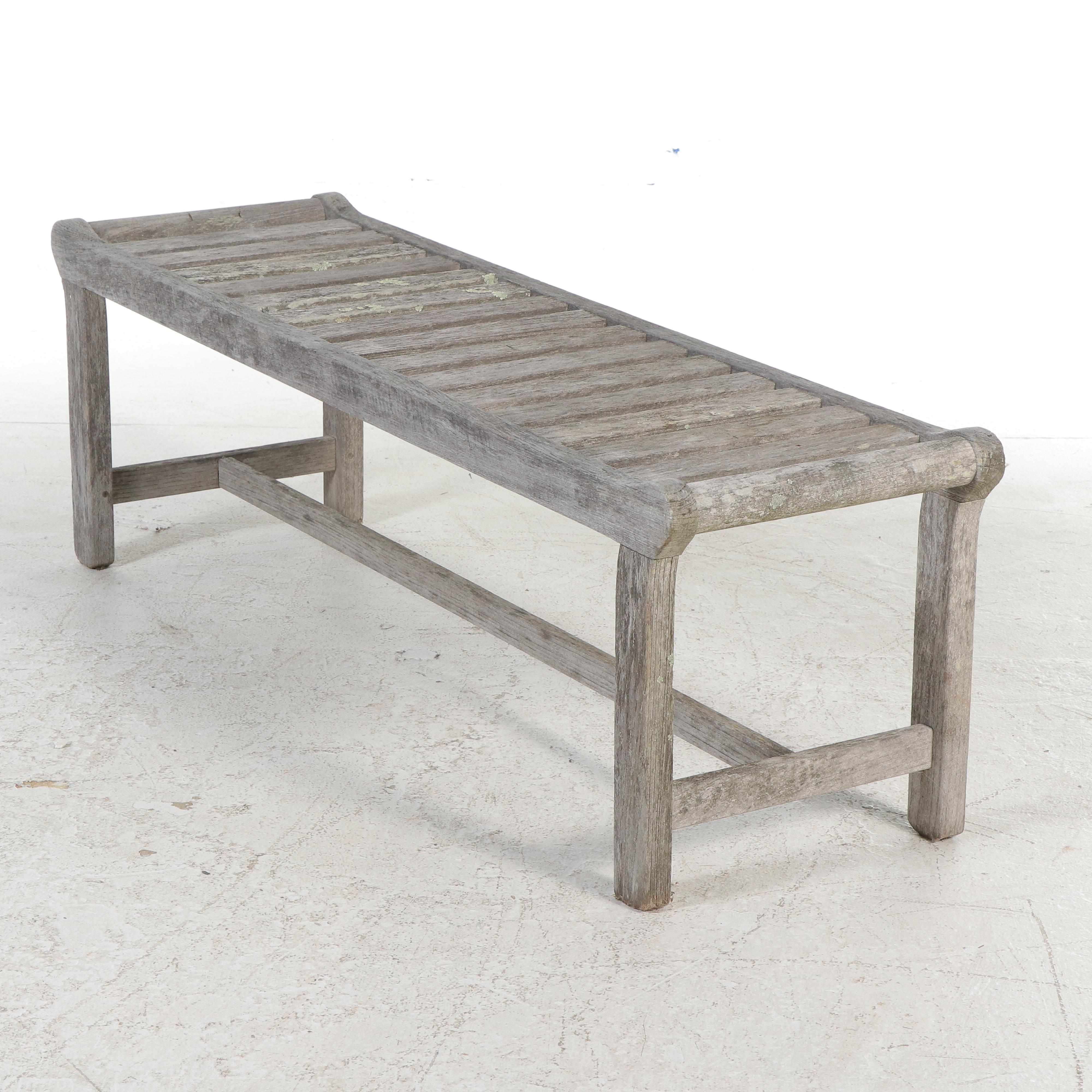 Weathered Teak Bench and Pair of Chaises