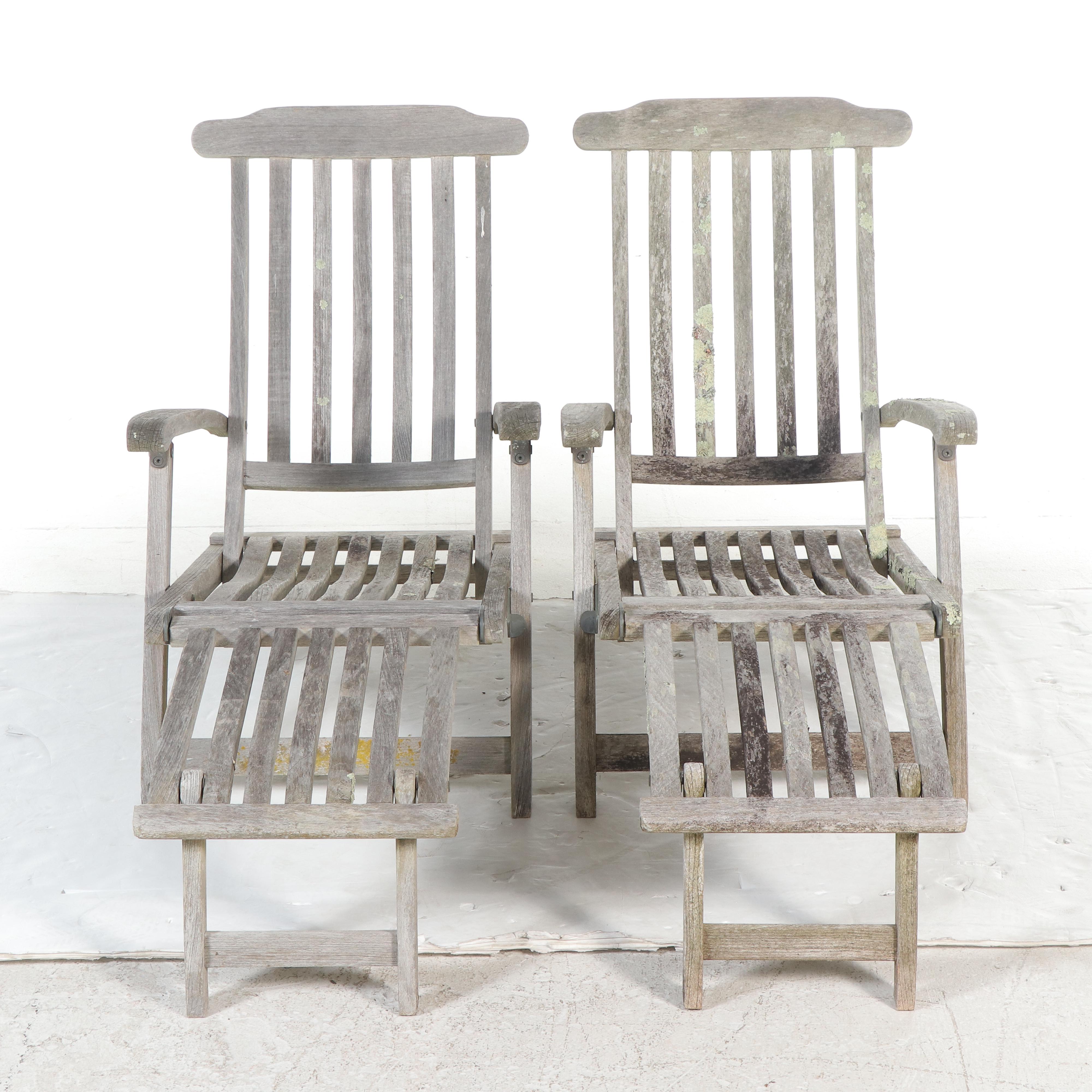 Weathered Teak Bench and Pair of Chaises