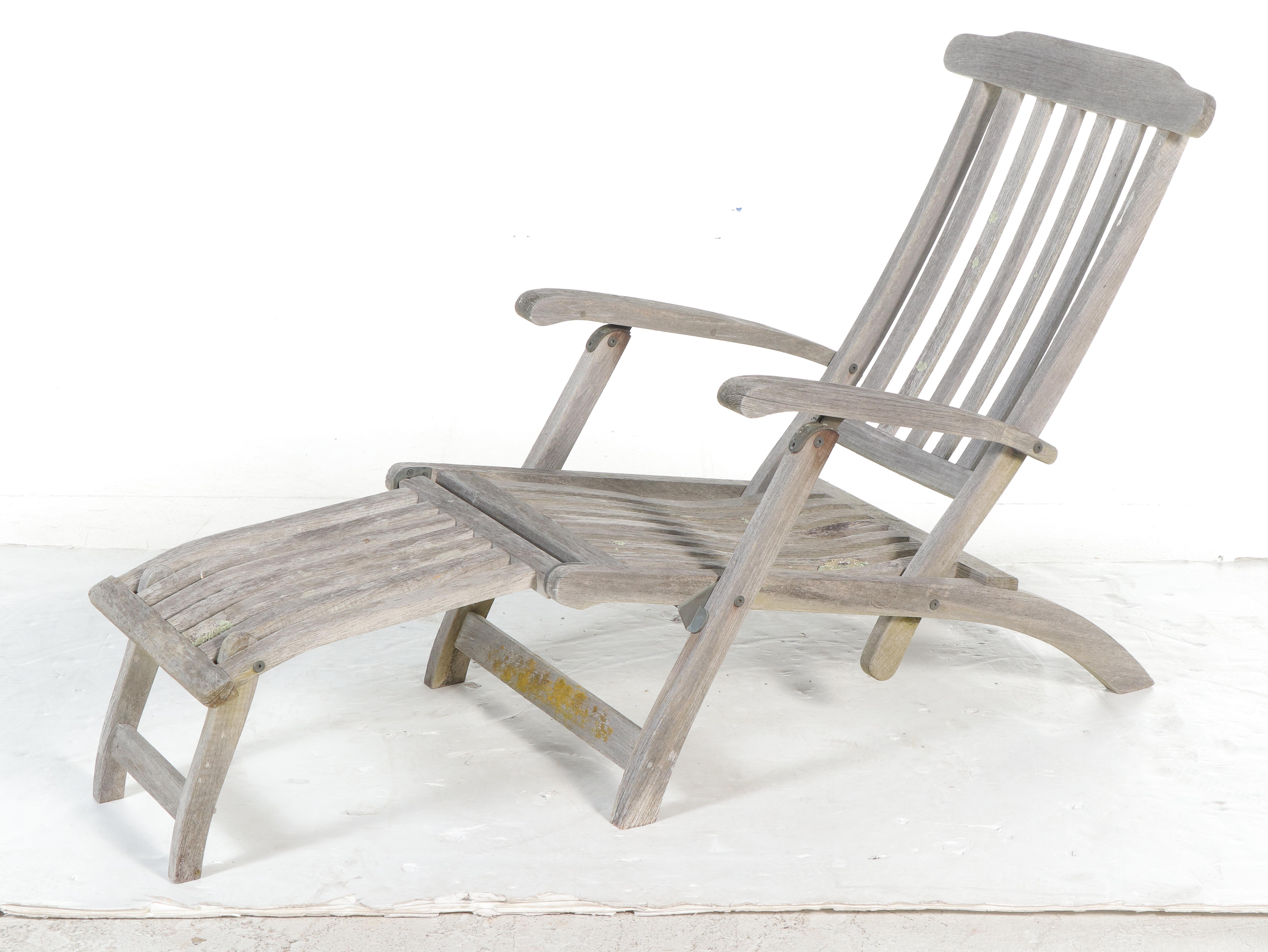 Weathered Teak Bench and Pair of Chaises