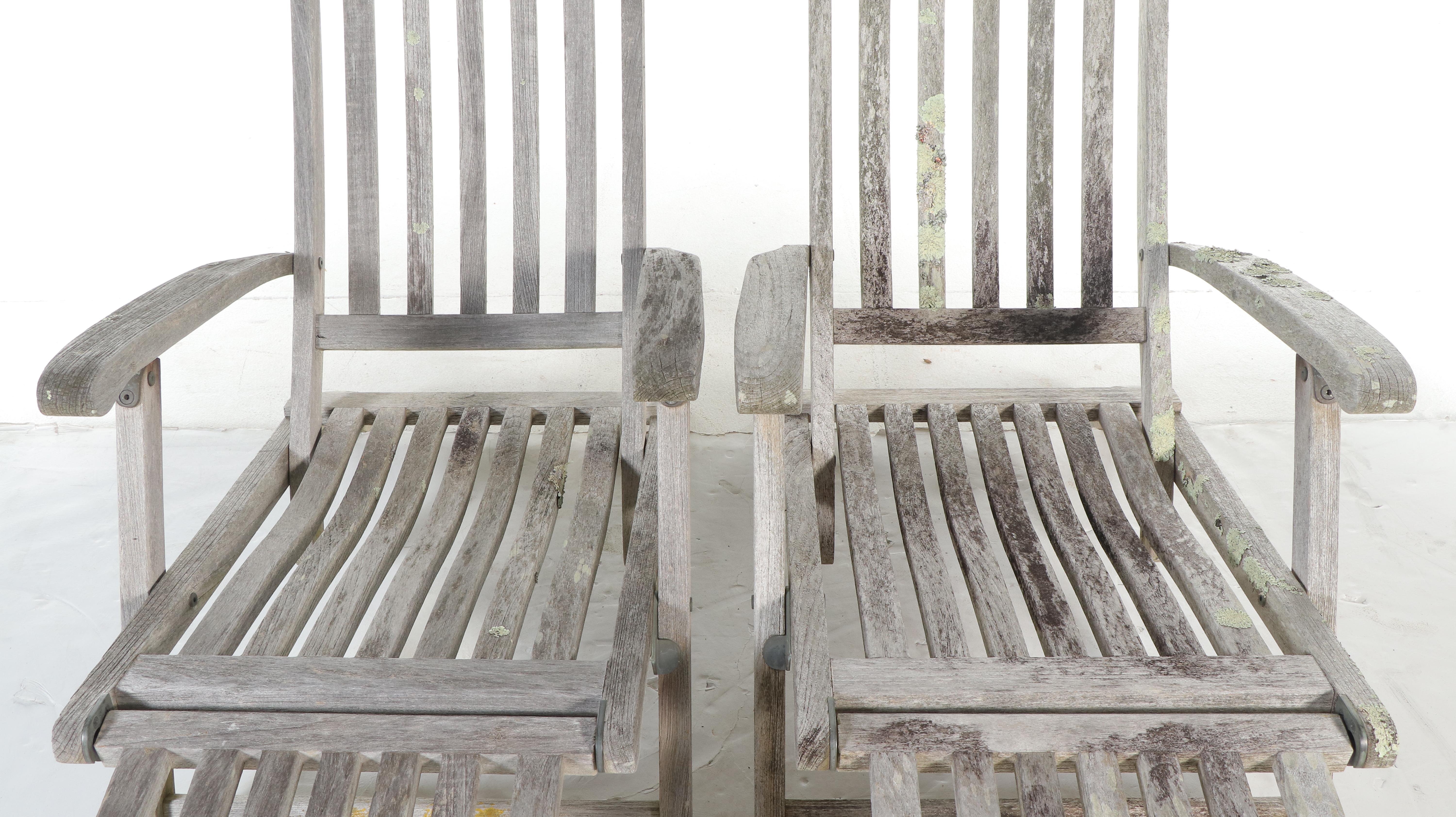 Weathered Teak Bench and Pair of Chaises