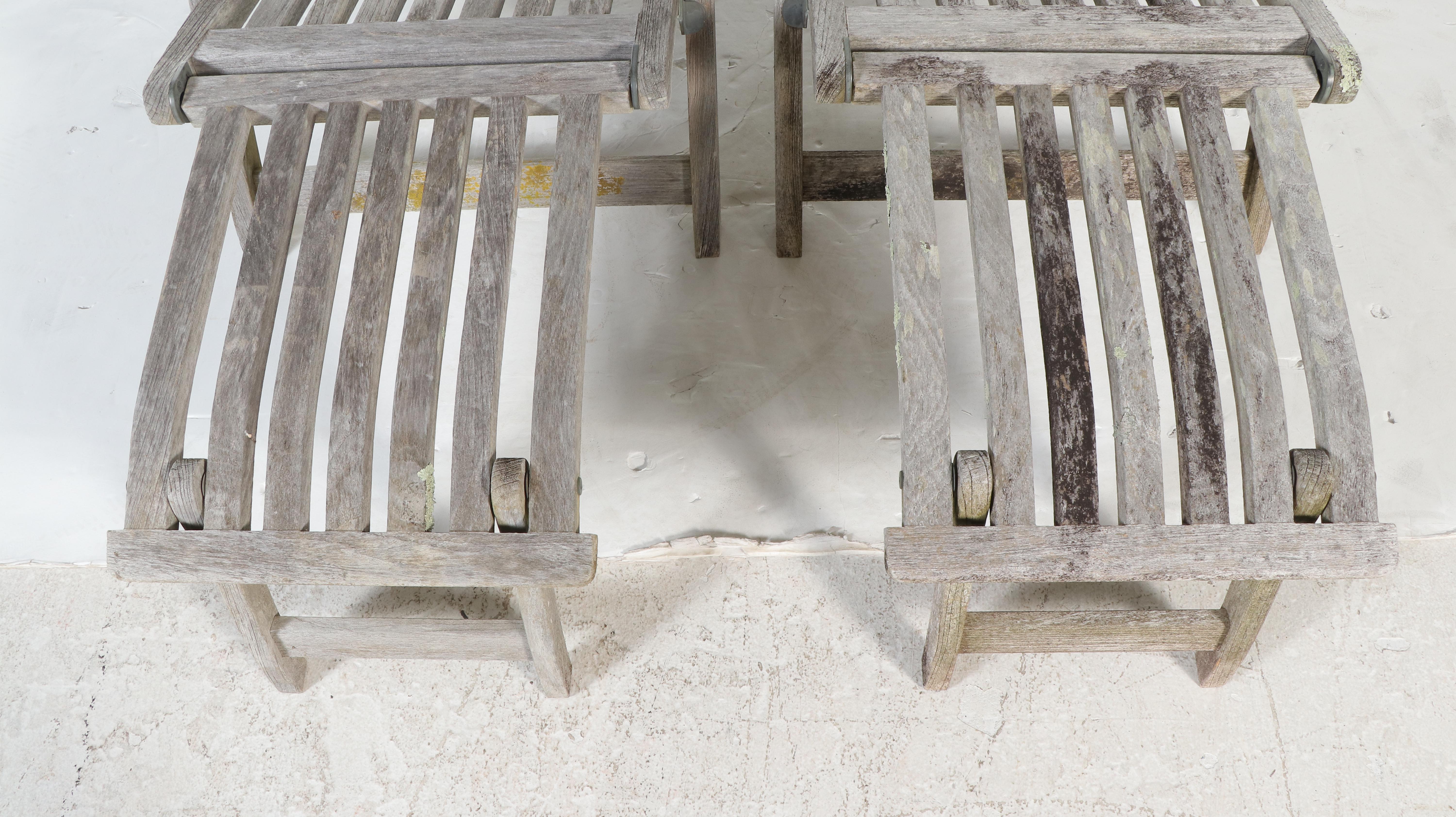 Weathered Teak Bench and Pair of Chaises