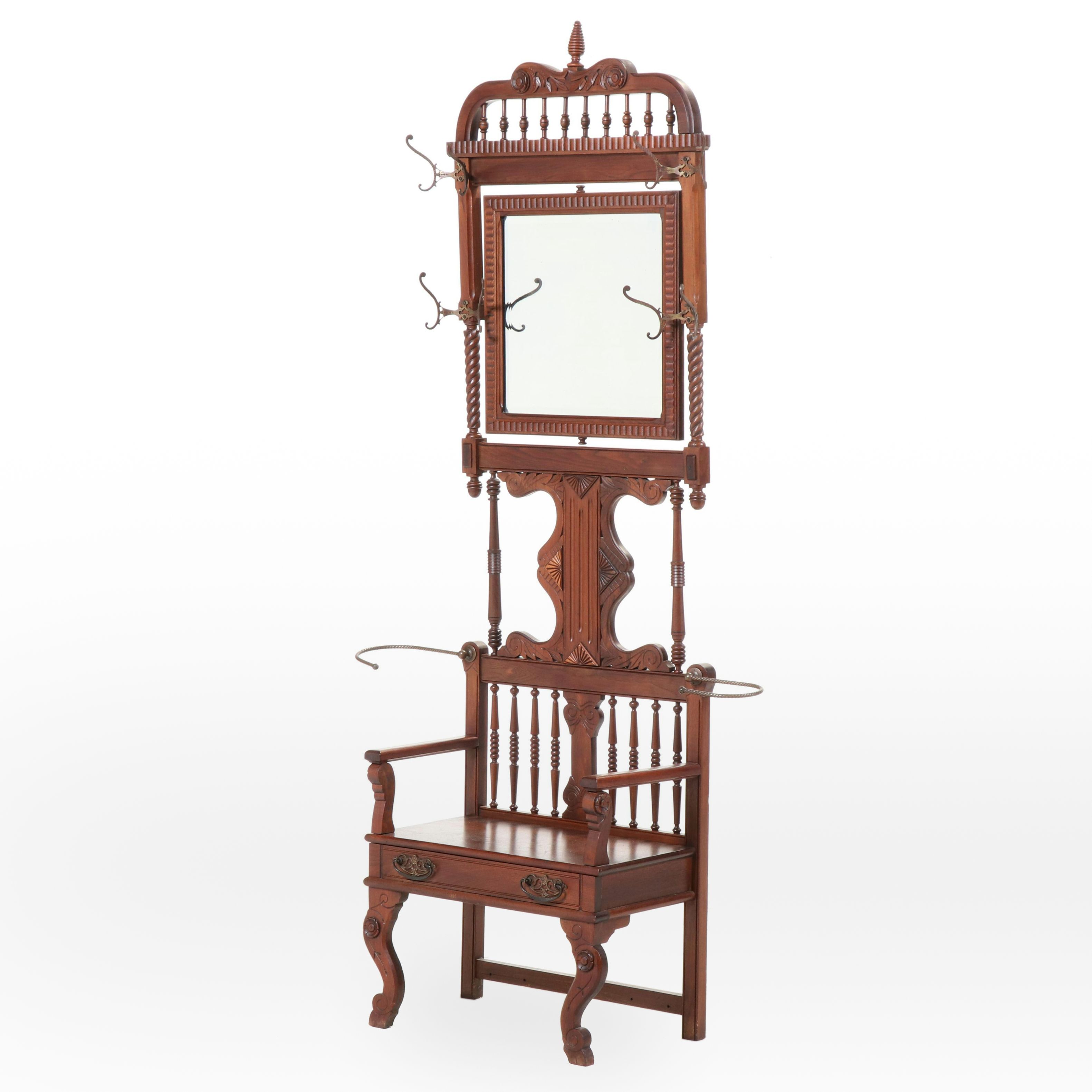 Late Victorian Carved Walnut Hall Tree with Chair, Late 19th/Early 20th Century