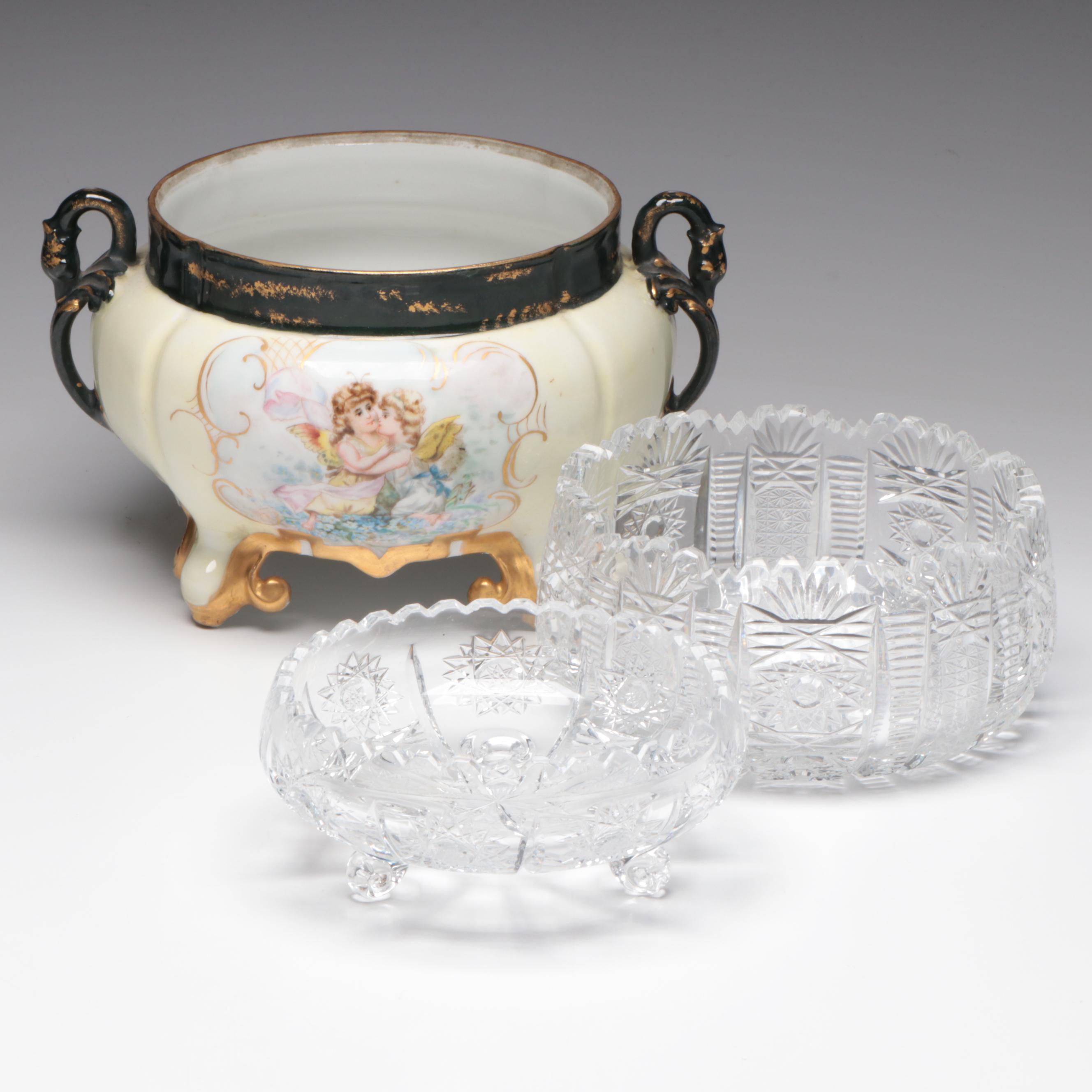 American Brilliant Cut Glass Bowls With Hand-Painted Porcelain Jardinière