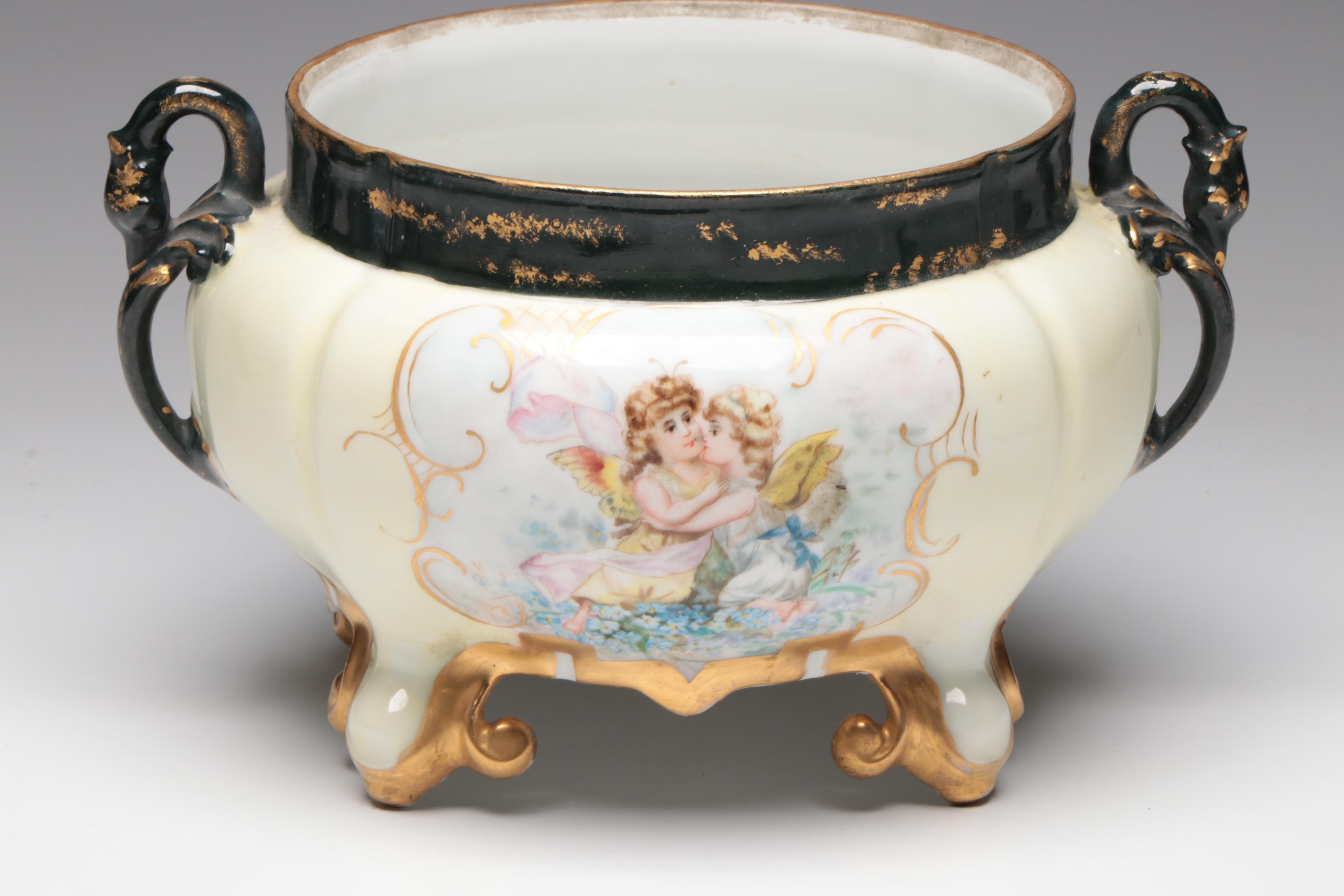 American Brilliant Cut Glass Bowls With Hand-Painted Porcelain Jardinière