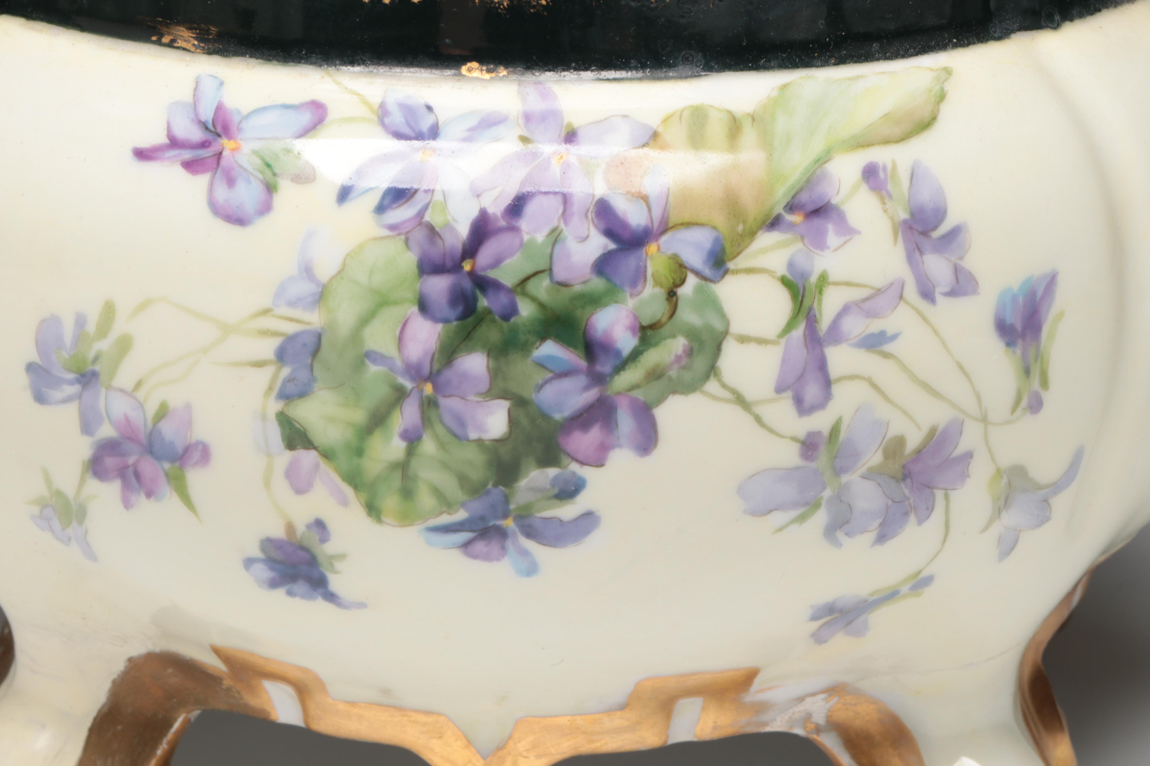 American Brilliant Cut Glass Bowls With Hand-Painted Porcelain Jardinière